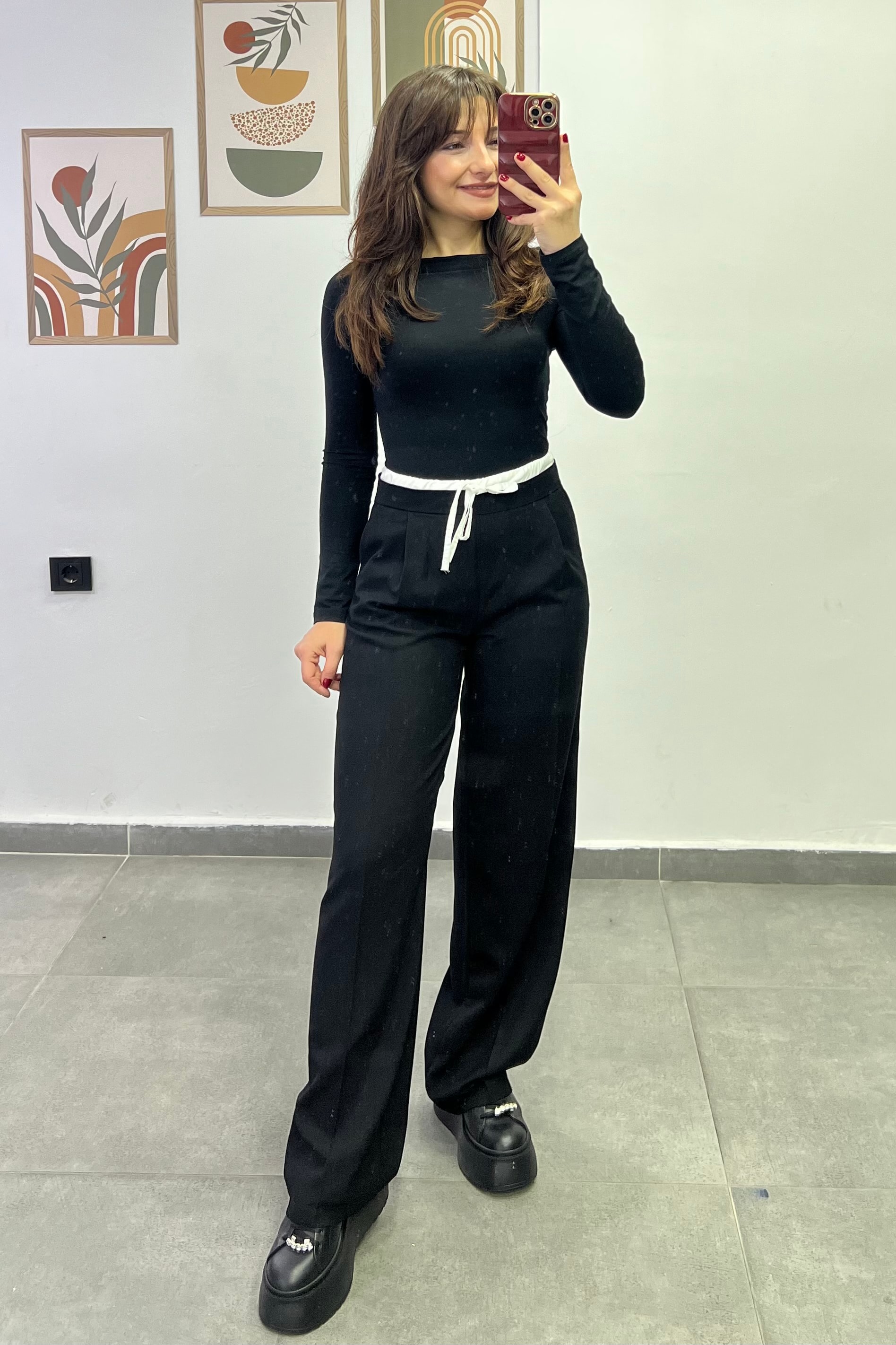 Bel Kısmı Lastikli Çift Kemer Detaylı Cepli Palazzo Kumaş Pantolon - BEJ