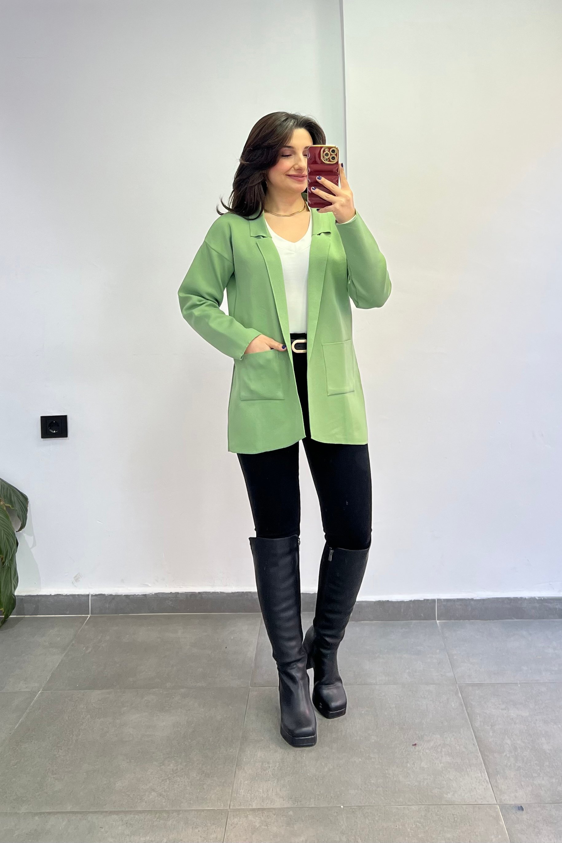 Gömlek Yaka Yanları Cepli Çelik Triko Hırka - YESIL