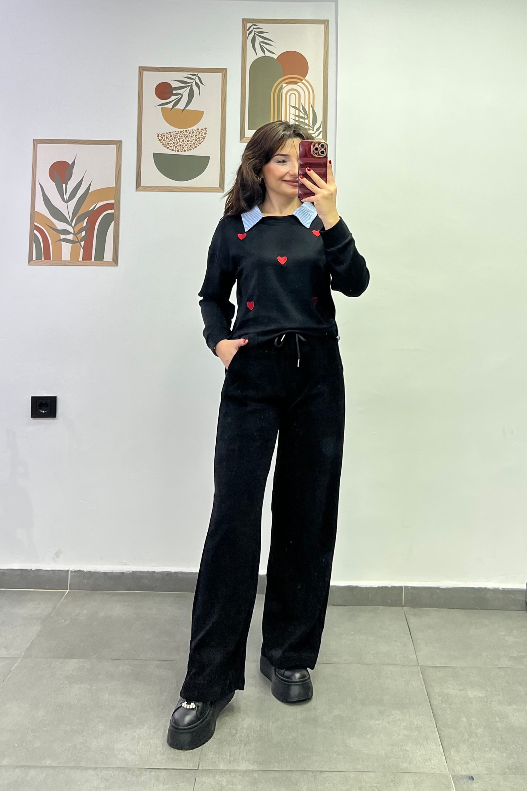 Beli Lastikli Cep Detaylı Bol Paça Fitilli Kadife Pantolon - Siyah