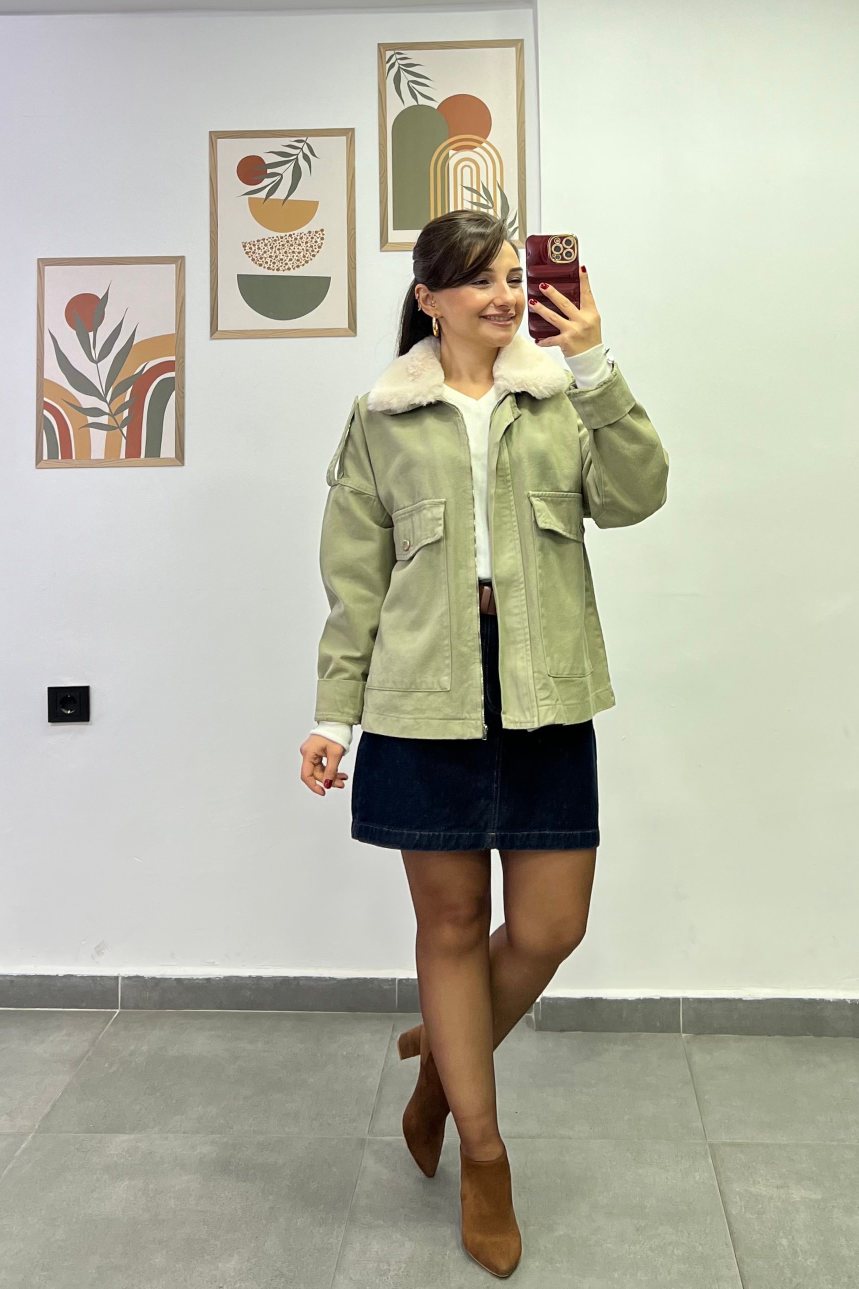 Yakası Sabit Kürk Detaylı Önü Kese Cepli Gabardin Ceket - Haki