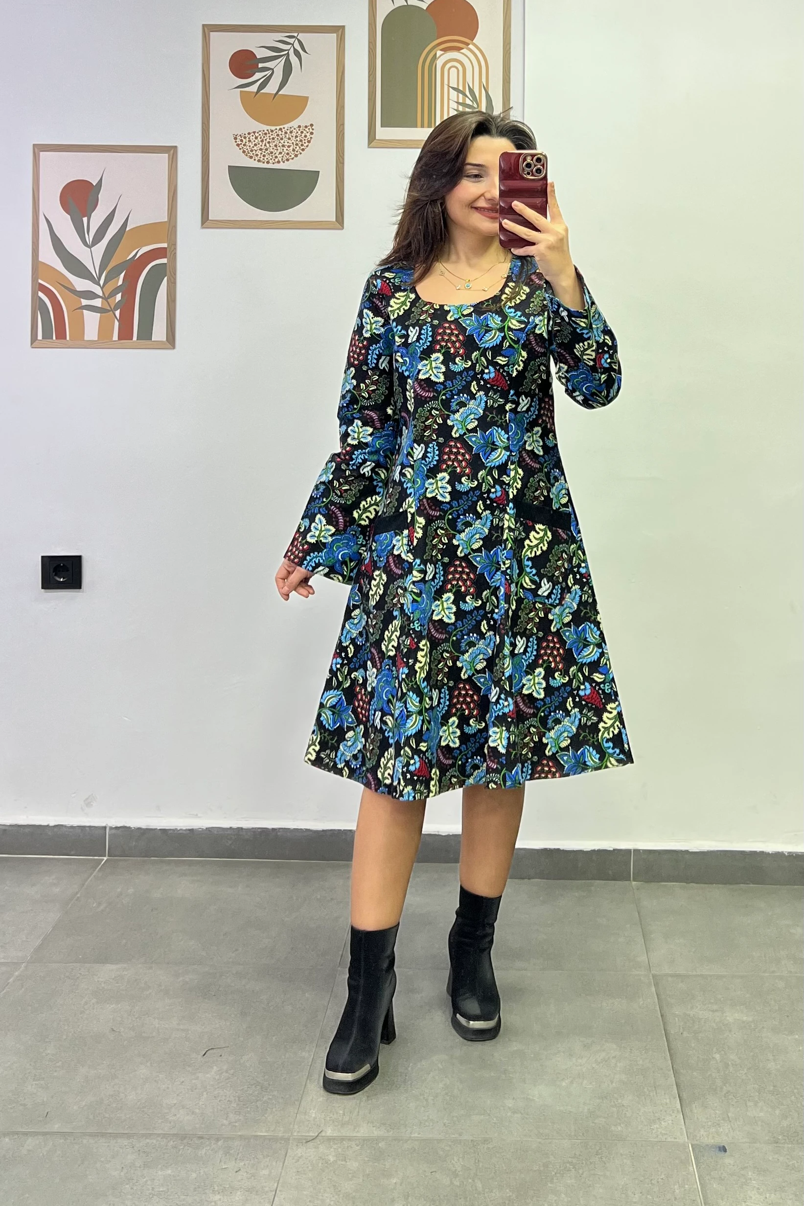 Oval Yaka Yanları Cep Detaylı Pazen Kumaş Çan Ebise - SİYAH MAVİ