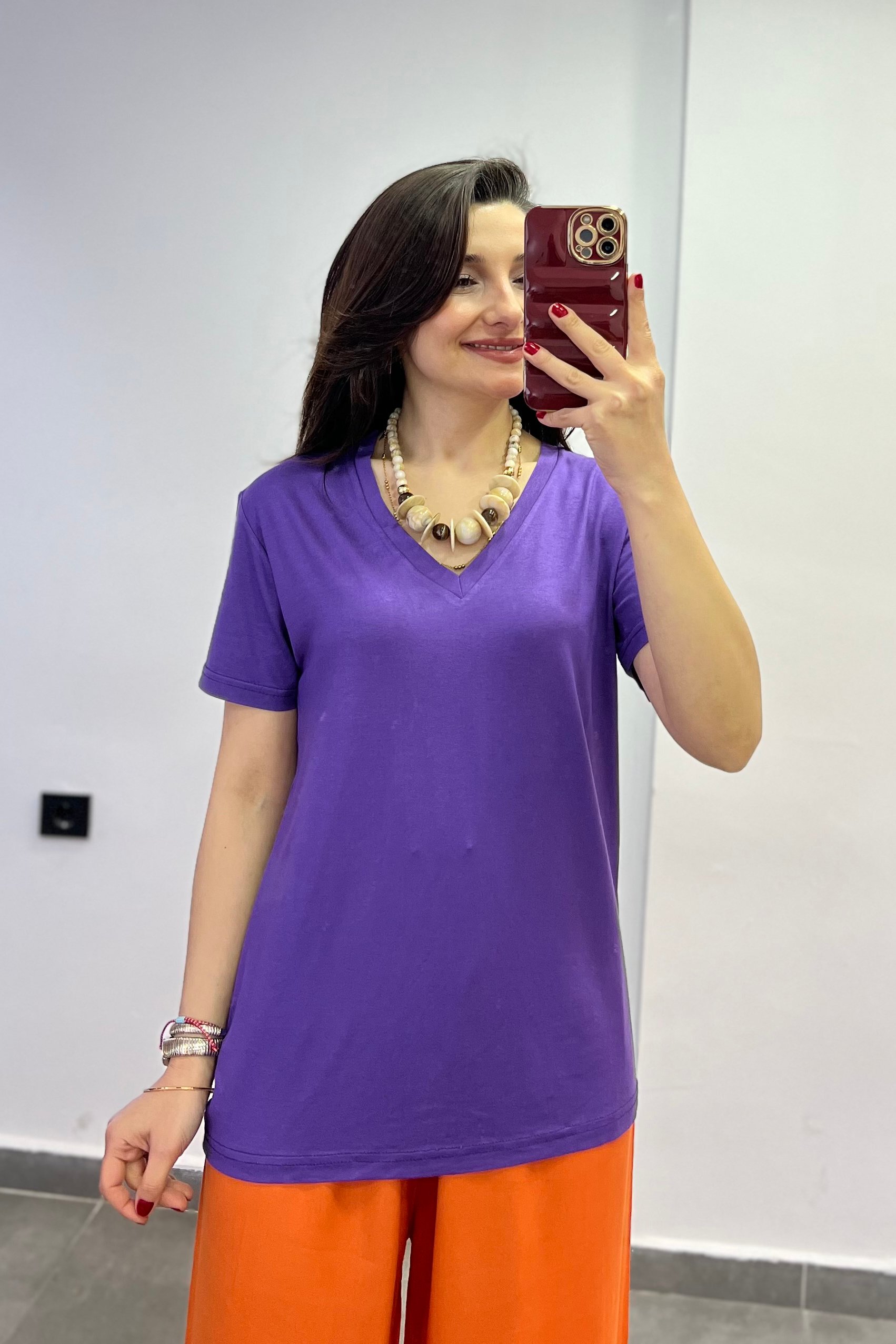 V Yaka Dökümlü Tshirt - MOR