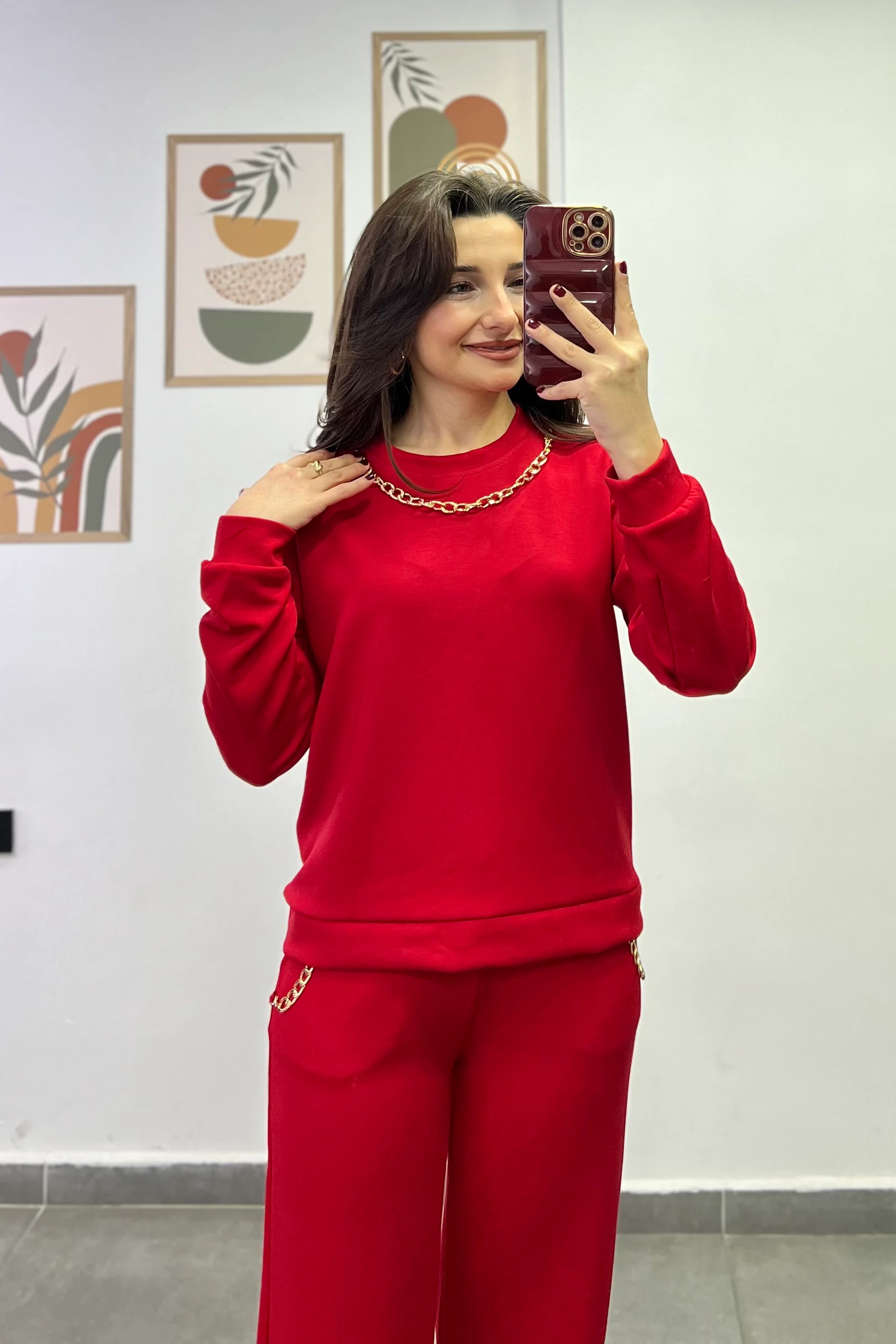 Yakası Ve Cep Yanları Gold Zincir Detaylı Eşofman Takımı - KIRMIZI