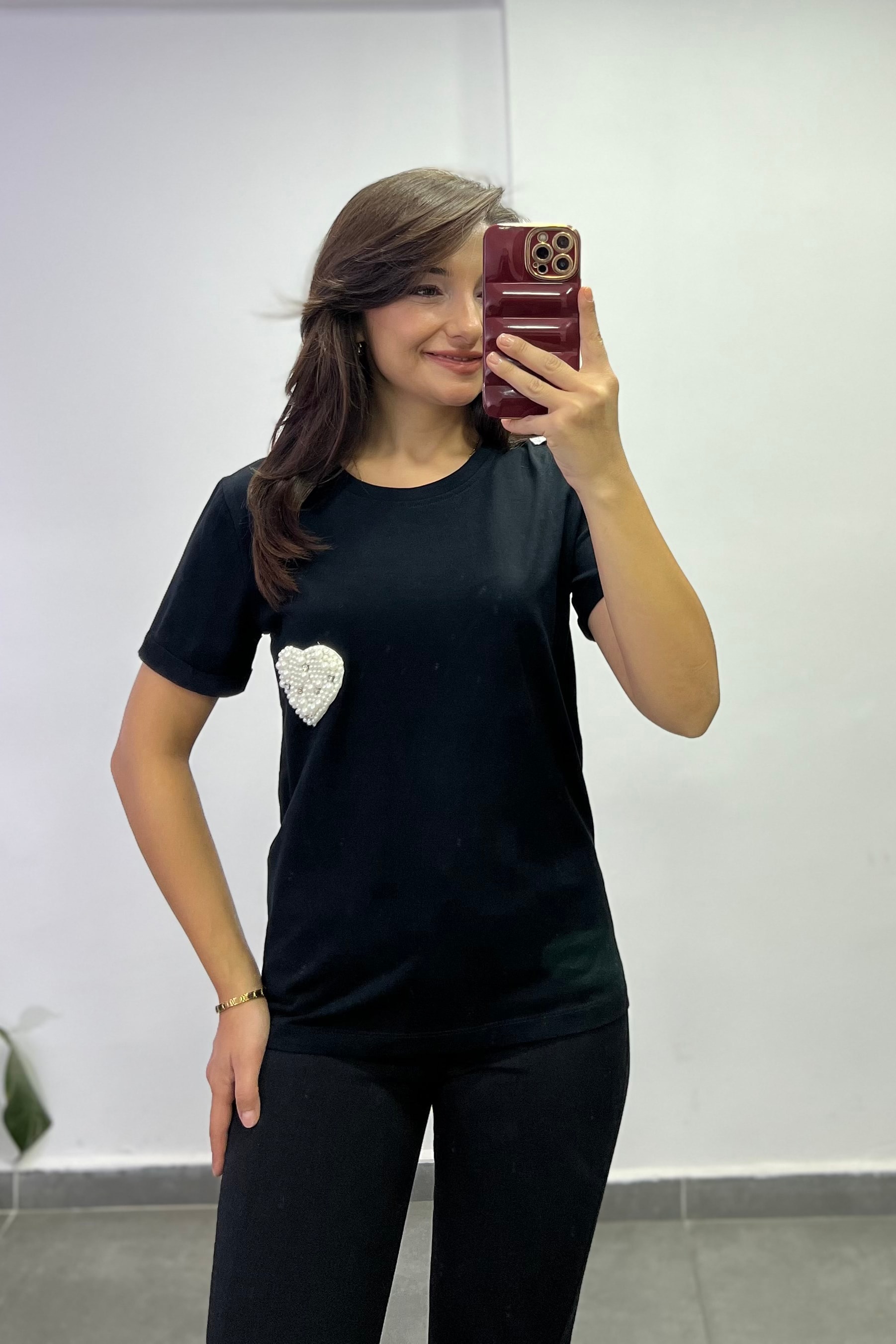 İnci Detaylı Pamuklu Tshırt - Siyah