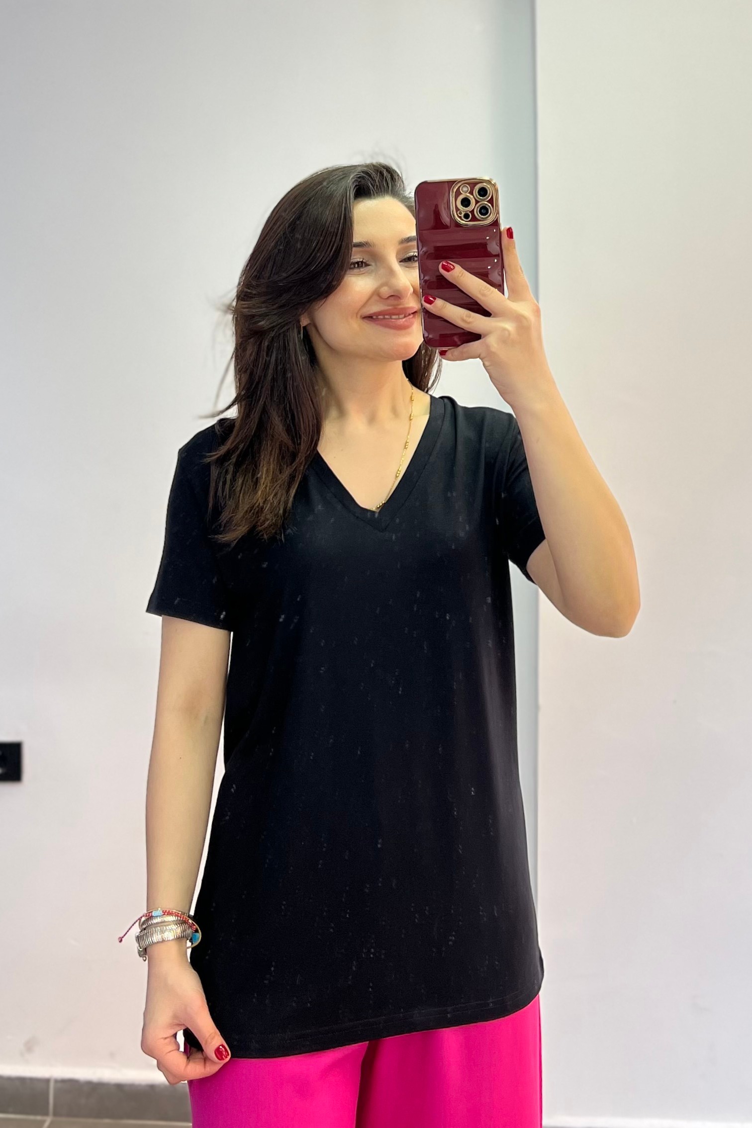 V Yaka Dökümlü Tshirt - Siyah