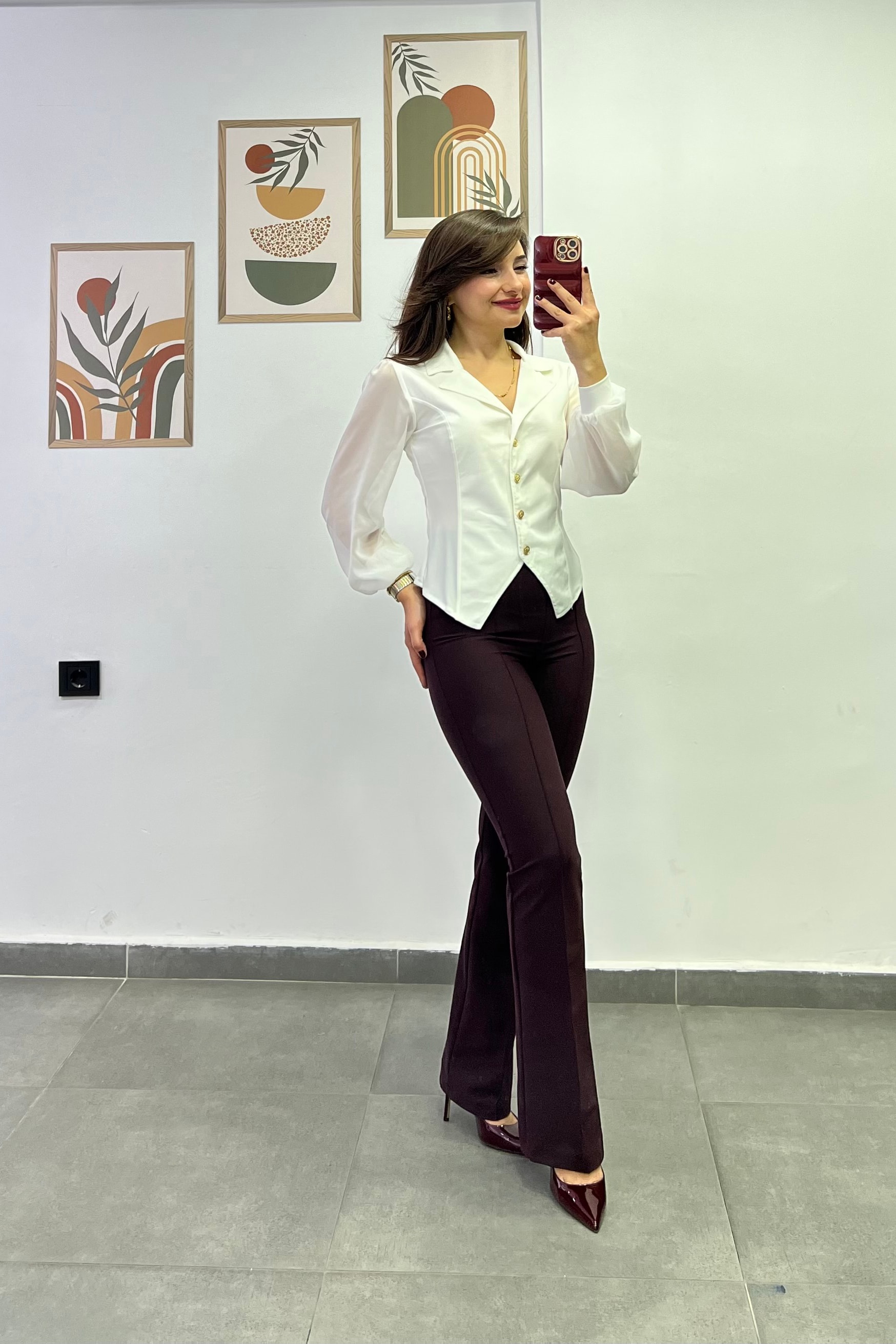 Yandan Fermuar Detaylı Önü Çima Dikişli Hafif İspanyol Paça Toparlayıcı Scuba Kumaş Pantolon - BORDO