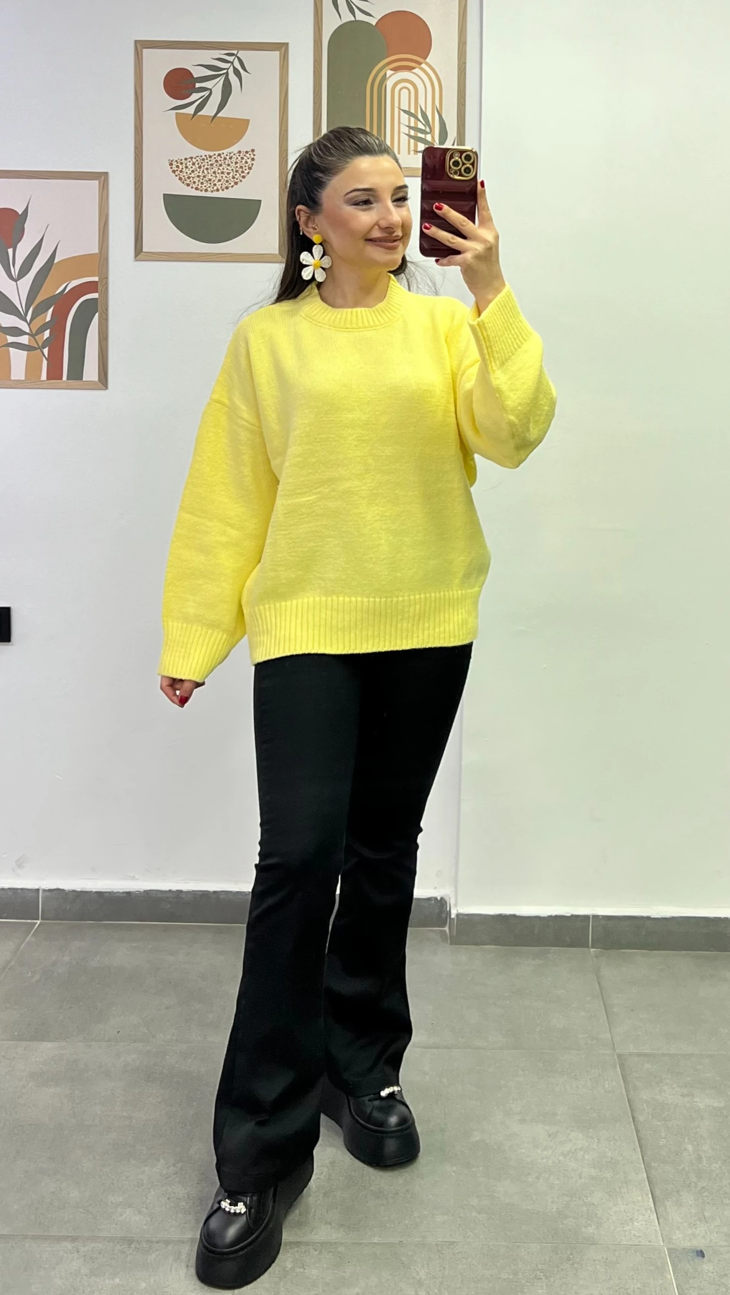 Düşük Omuz Kol Manşetleri Ve Beli Lastikli Kazak - SARI