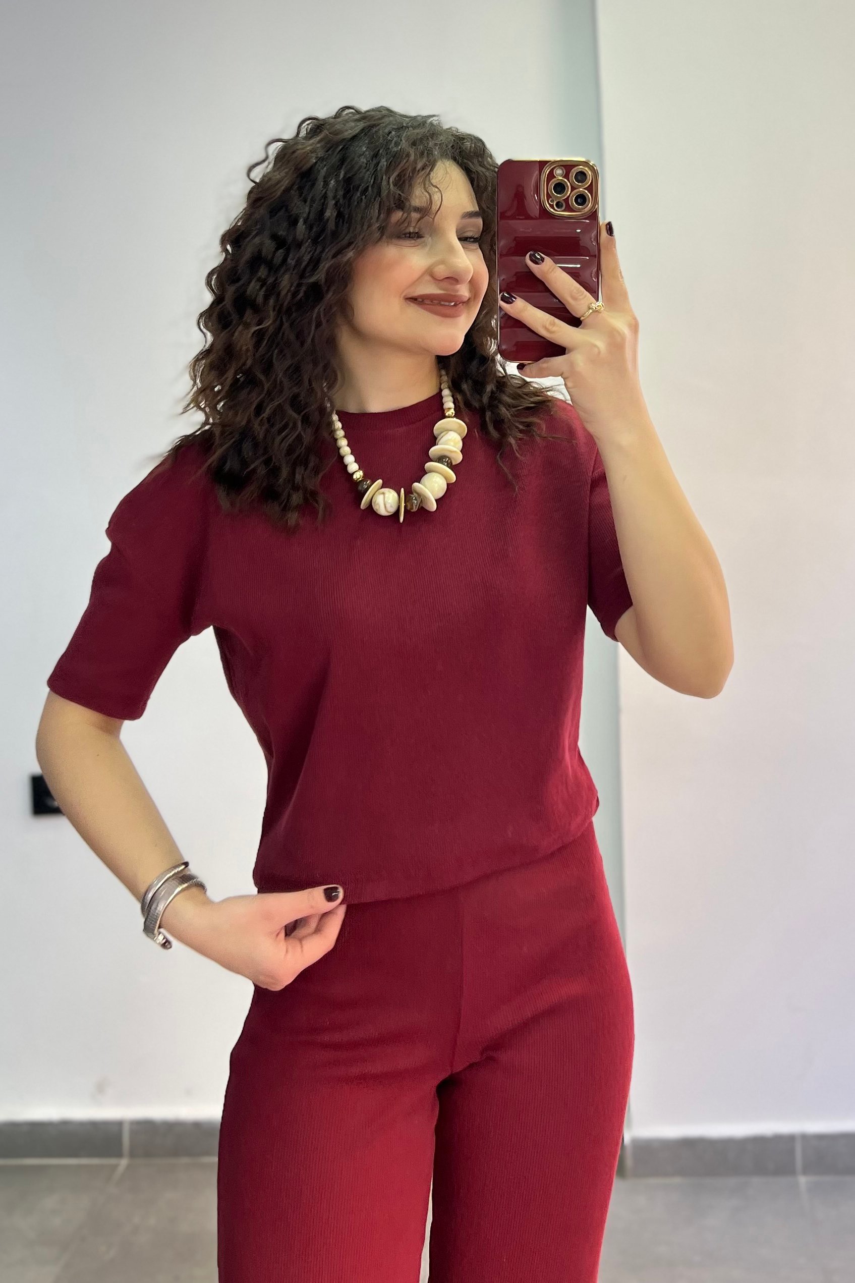 Bisiklet Yaka Beli Bağlamalı Fitilli Kumaş İkili Takım - BORDO