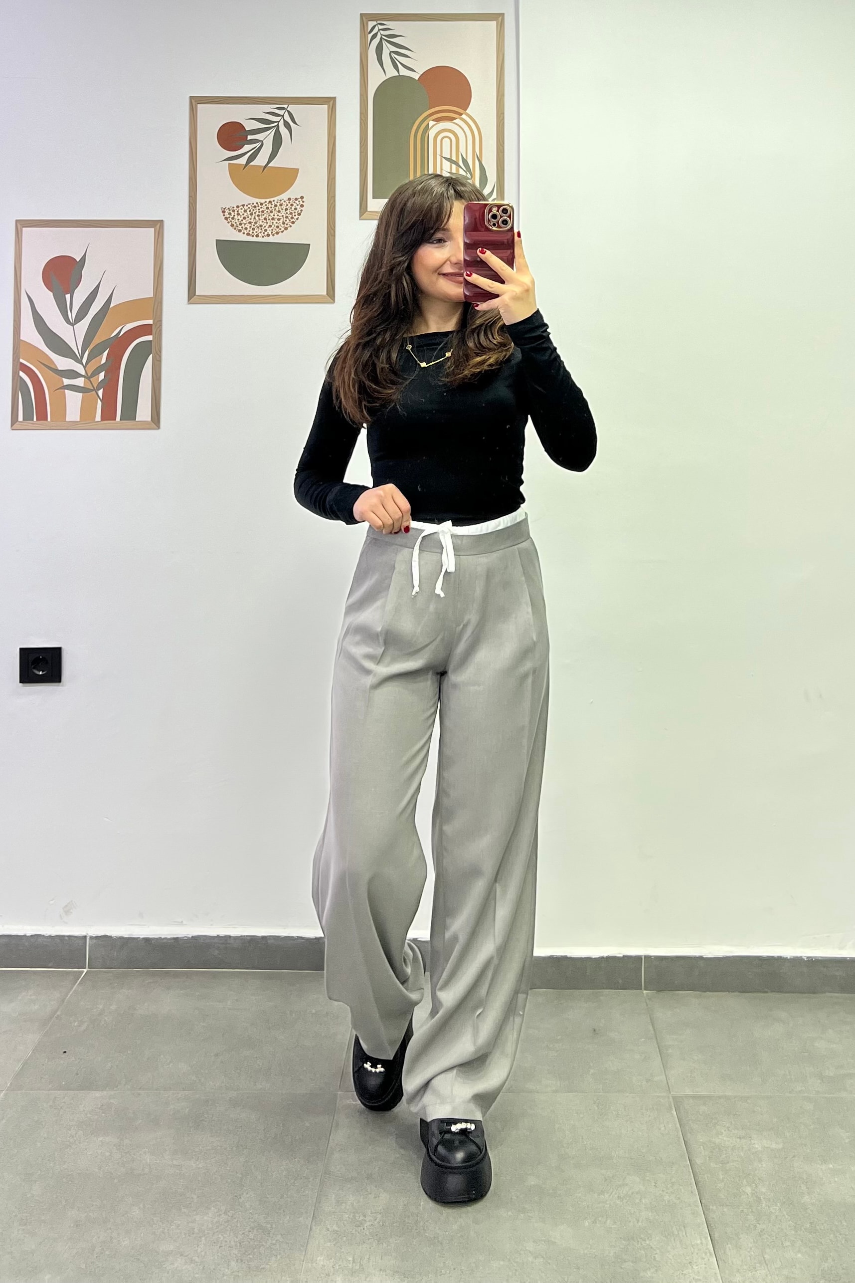 Bel Kısmı Lastikli Çift Kemer Detaylı Cepli Palazzo Kumaş Pantolon - GRİ