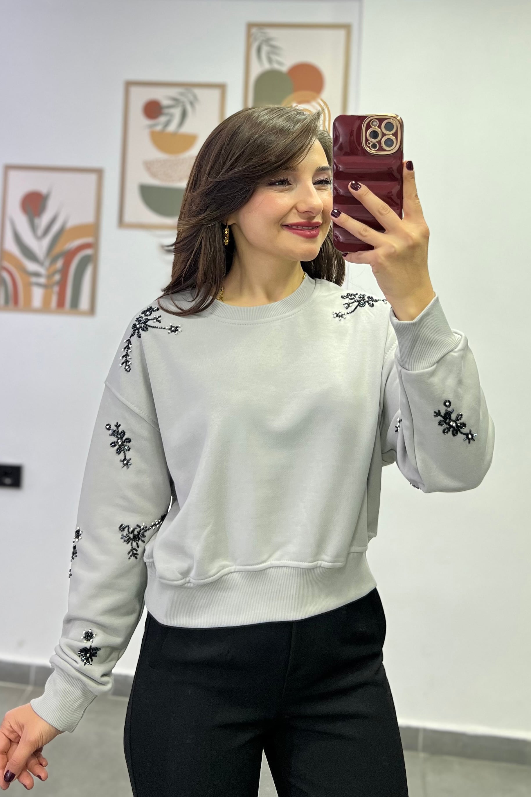 Omuzları Ve Kolları Boncuk Dikişli İki İplik Sweatshırt - GRİ