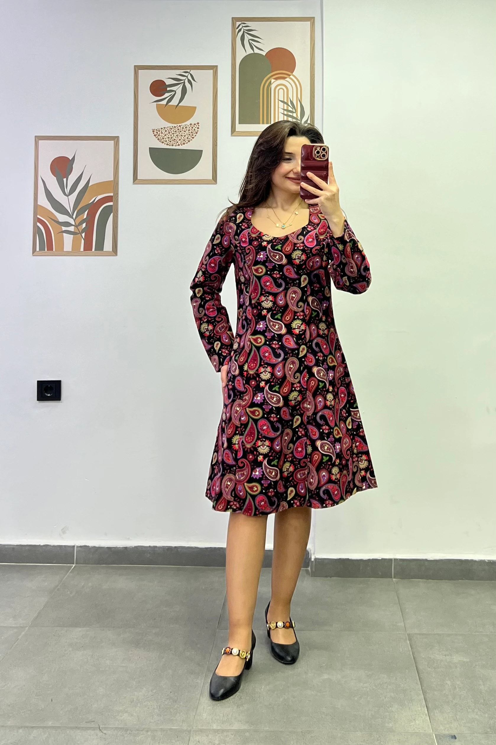 Roma Yaka Arkası Fermuarlı Pazen Kumaş Elbise  - PEMBE SİYAH