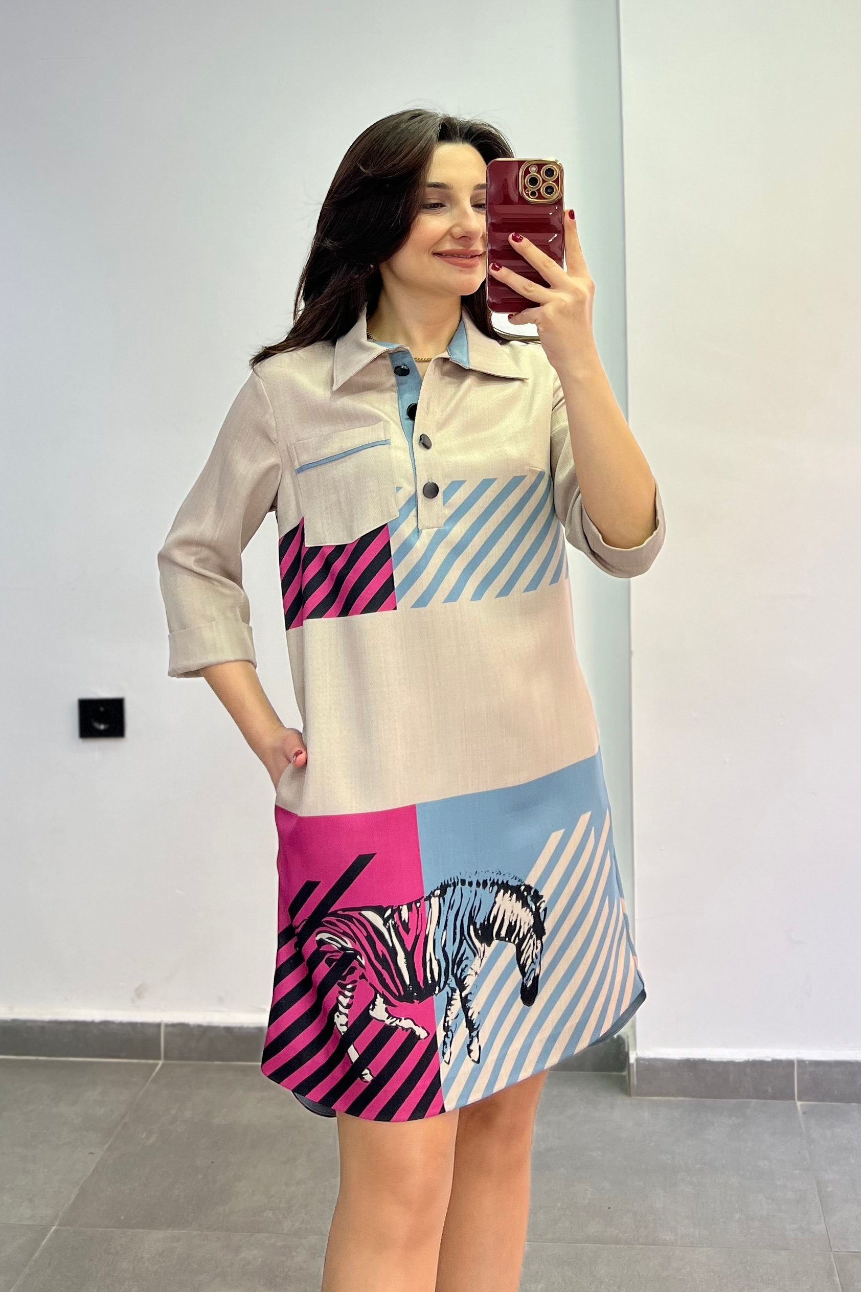 Polo Yaka Çizgili Şerit Zebra Desenli Tek Posta Cep Truvakar Kol Elbise