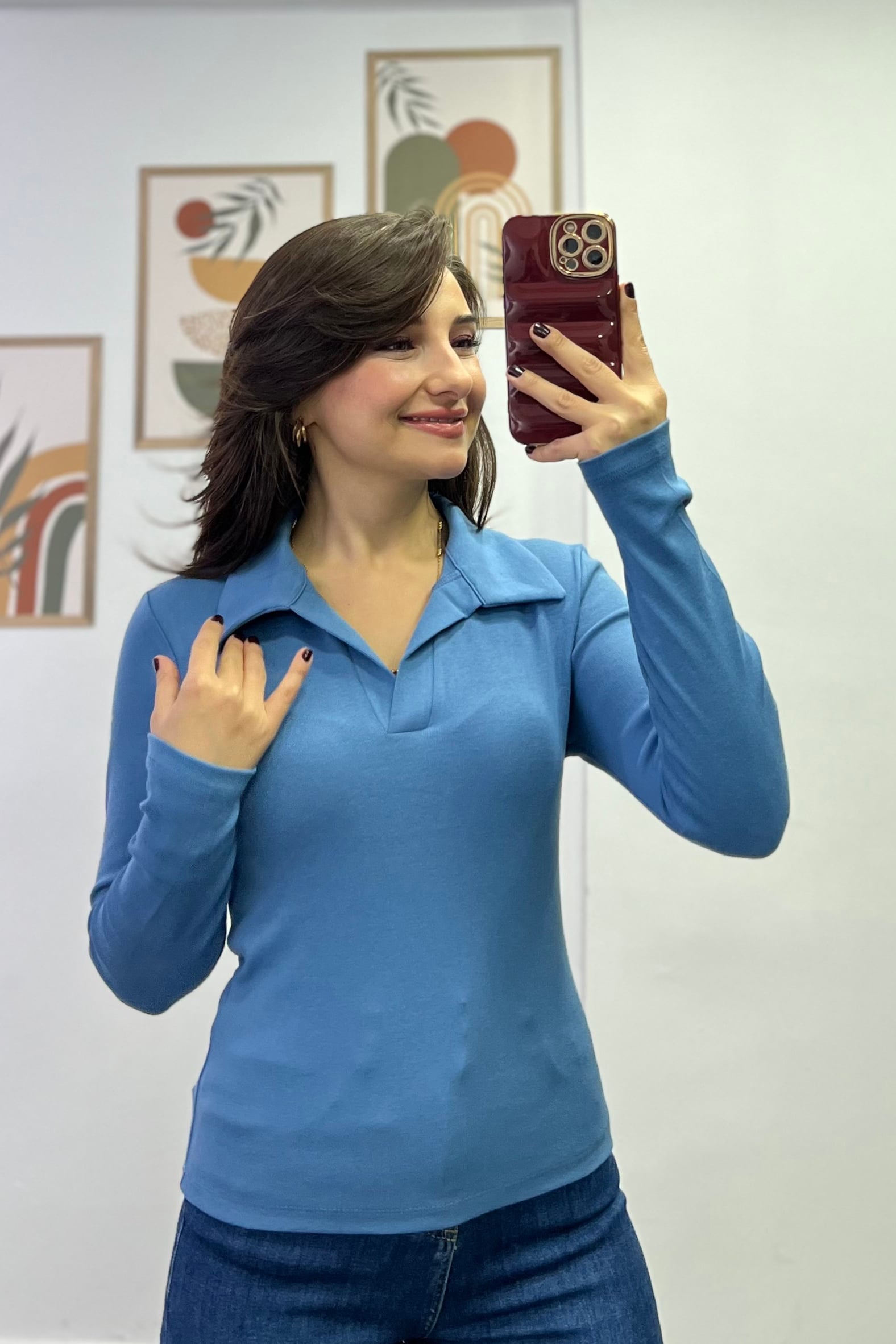 Polo Yaka Uzun Kollu Penye Bluz - MAVI