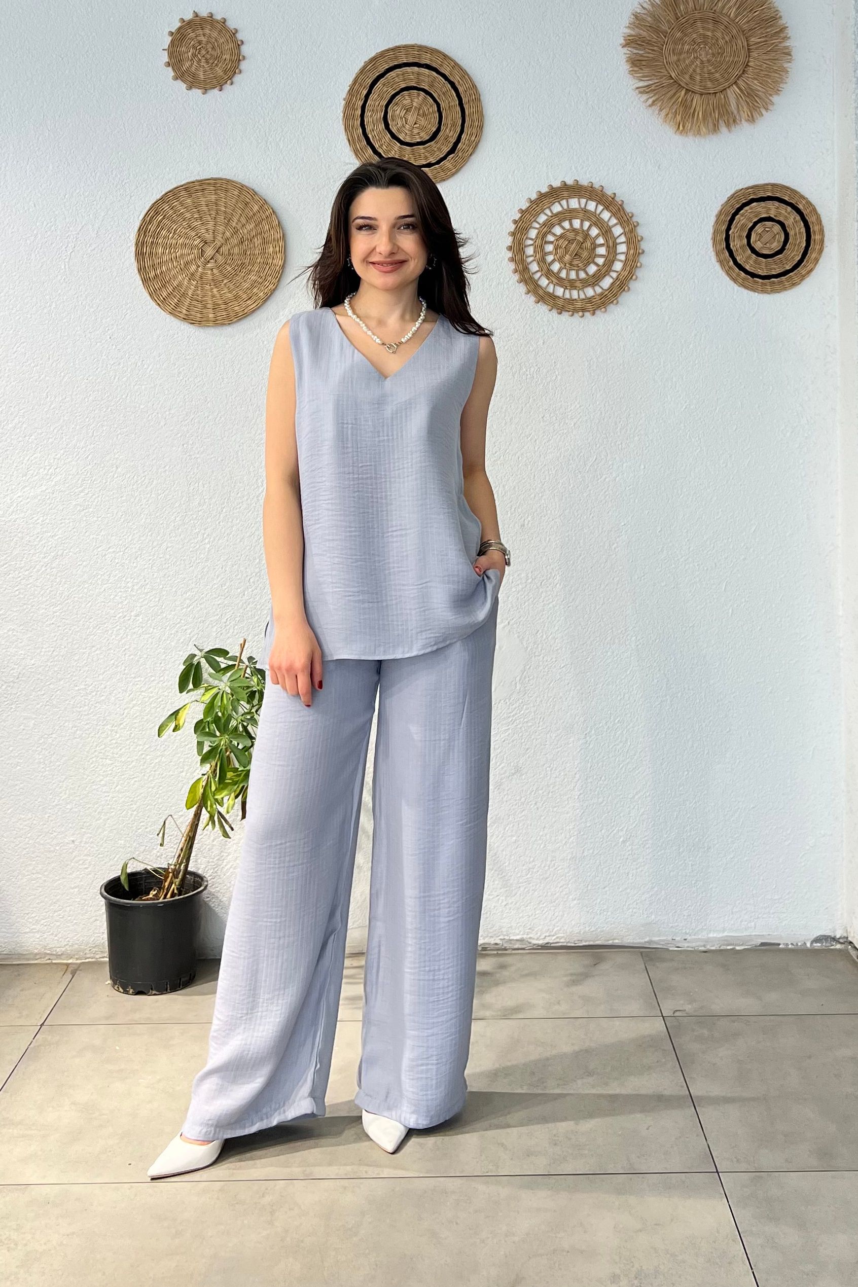 V Yaka Beli Lastikli Bol Paça İkili Takım - GRİ