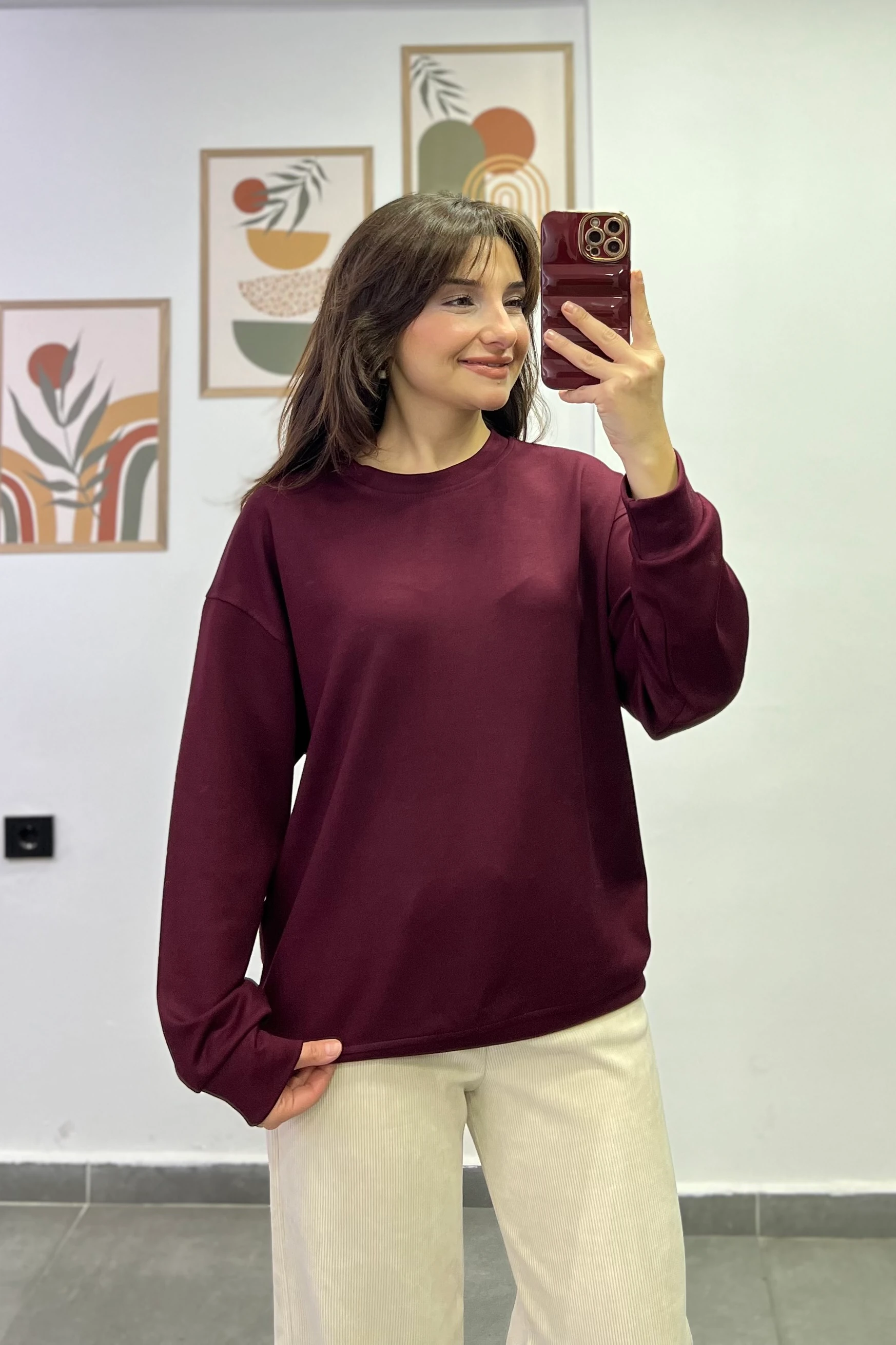 Sotf Touch Düz Basic Sweatshırt - BORDO