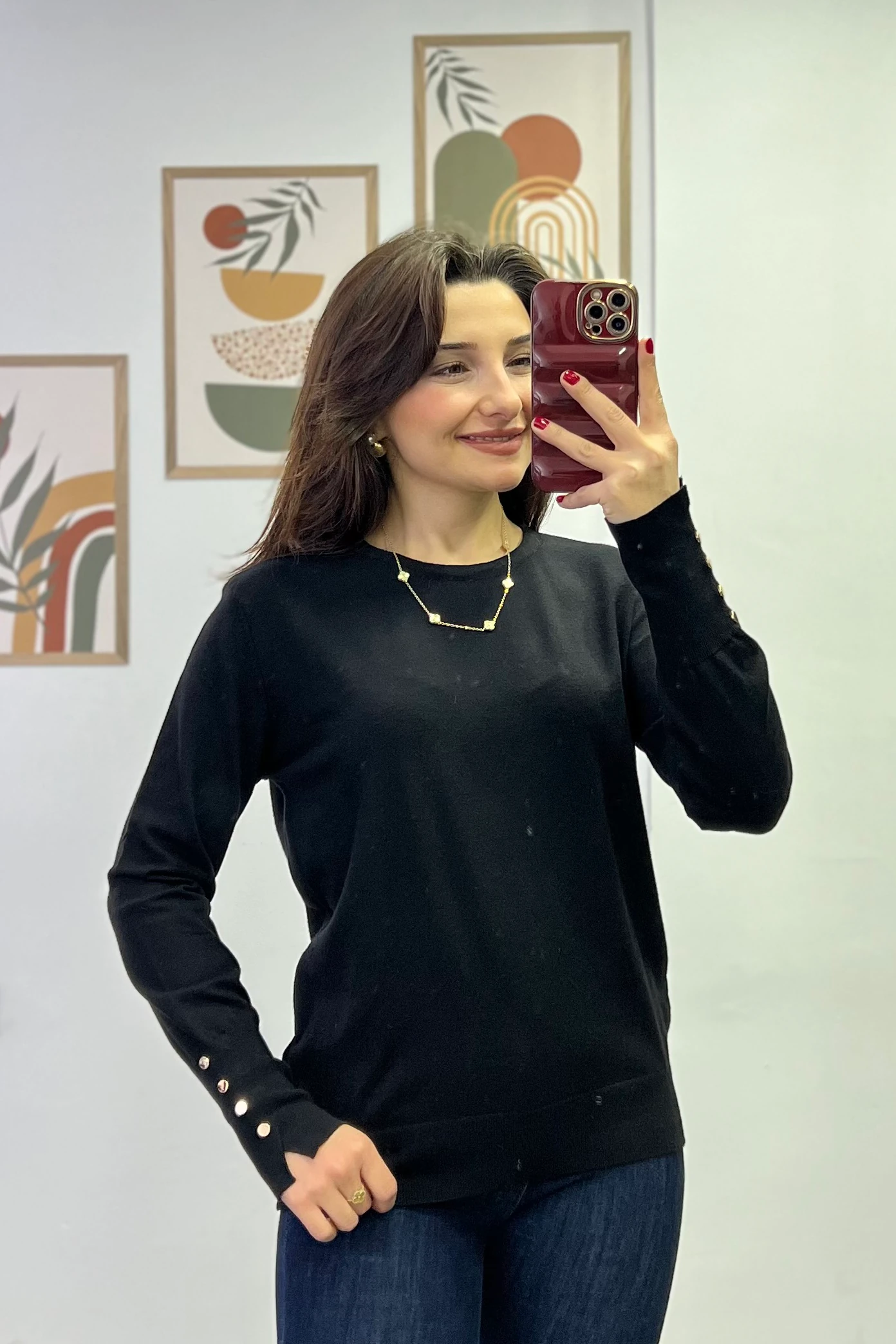 Kol Manşeti Gold Düğme Ve Yırtmaç Detaylı Triko - Siyah