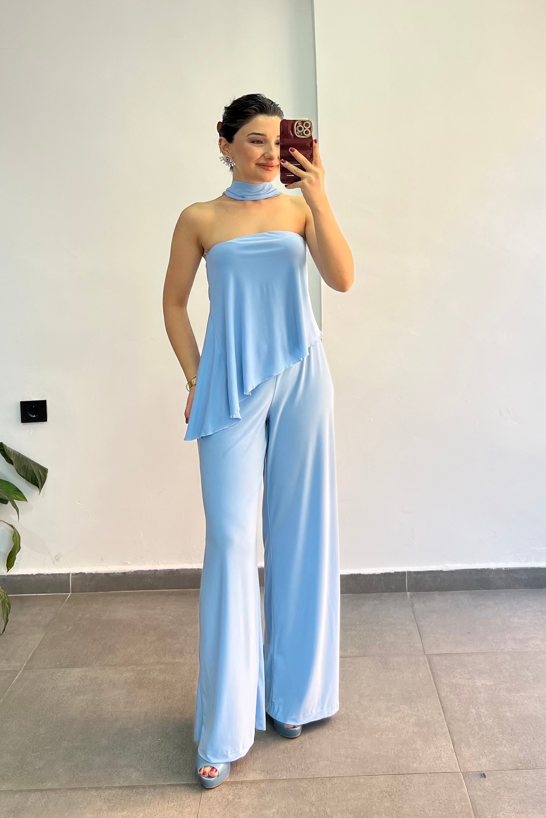 Üstü Straplez Verev Kesim Buzzy Kumaş Fular Detaylı İkili Takım - BEBE MAVİSİ