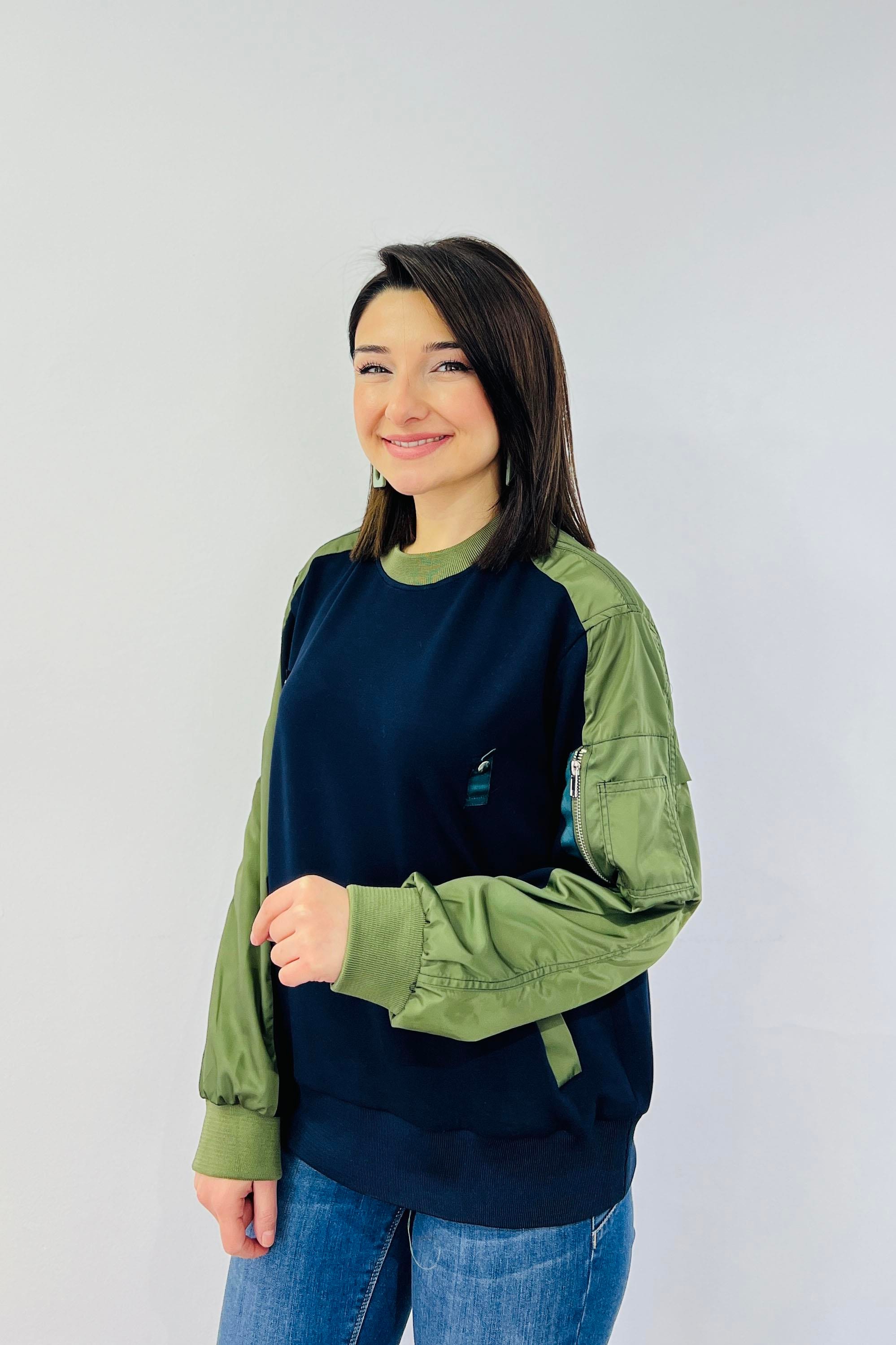 İki Yanı Cepli Kolları Paraşüt Kumaş Tasarım Sweatshırt Lacivert