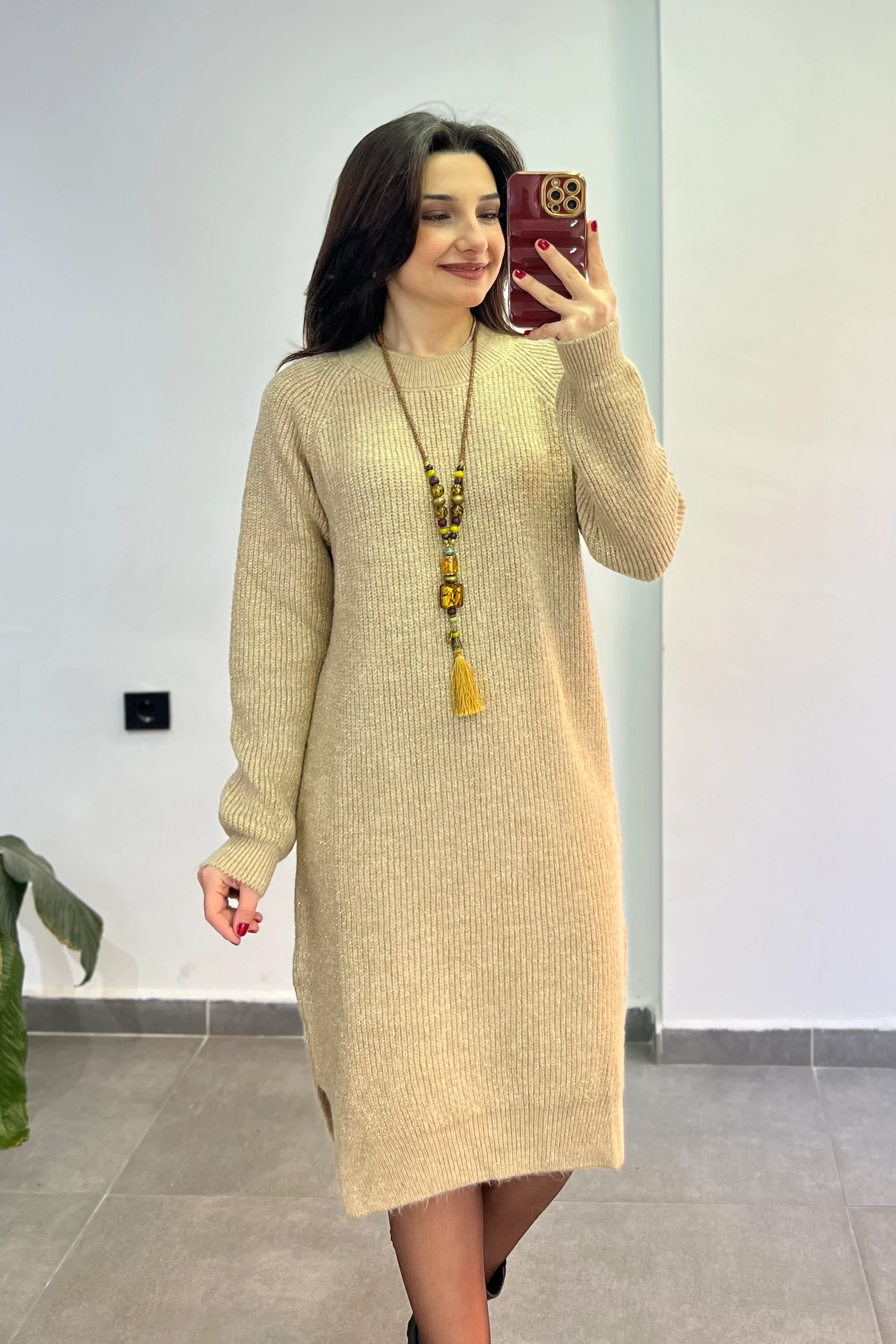 Bisiklet Yaka Simli Örme Elbise