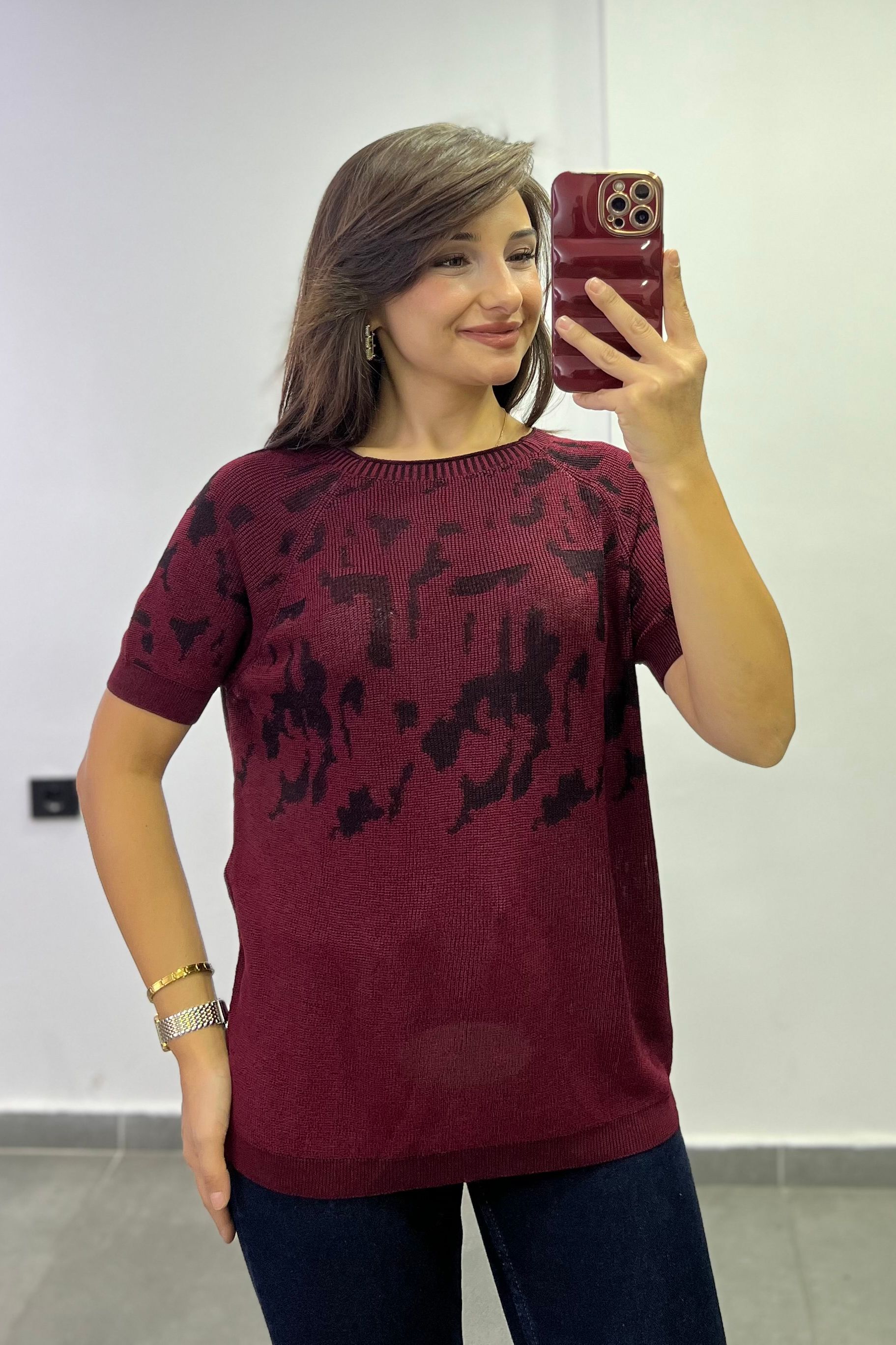 Kol Ve Bel Kısmı Lastikli Kısa Kollu Triko - BORDO