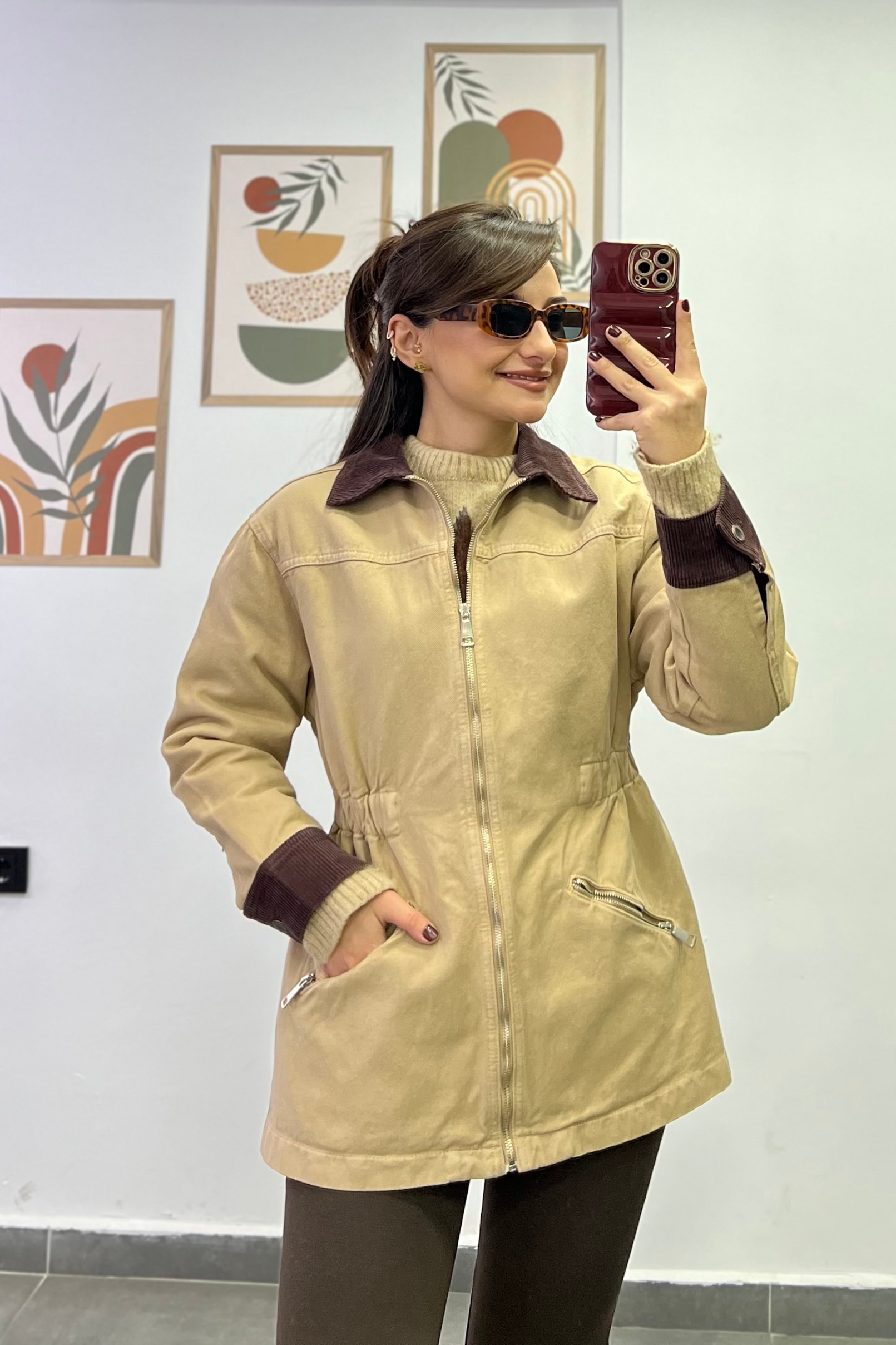 Yakası Ve Kolları Fitilli Kadife Beli Lastik Detaylı  - CAMEL