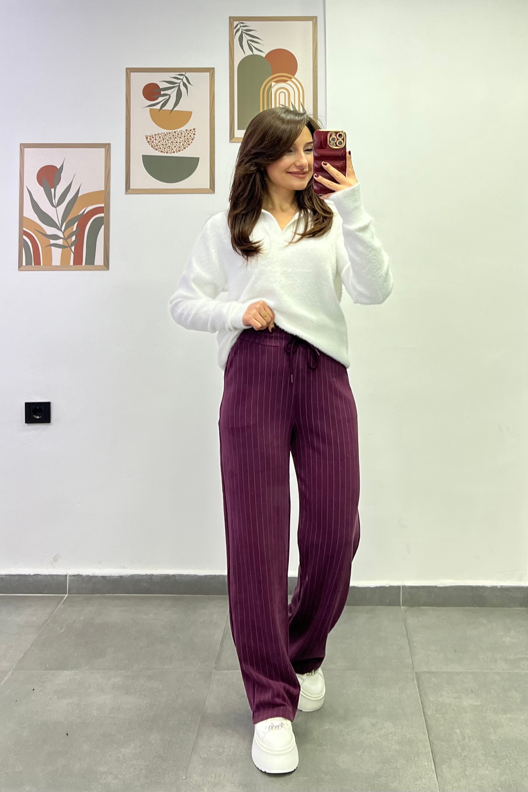 Beli Lastikli Cep Detaylı Çizgili Modal Kumaş Pantolon - BORDO