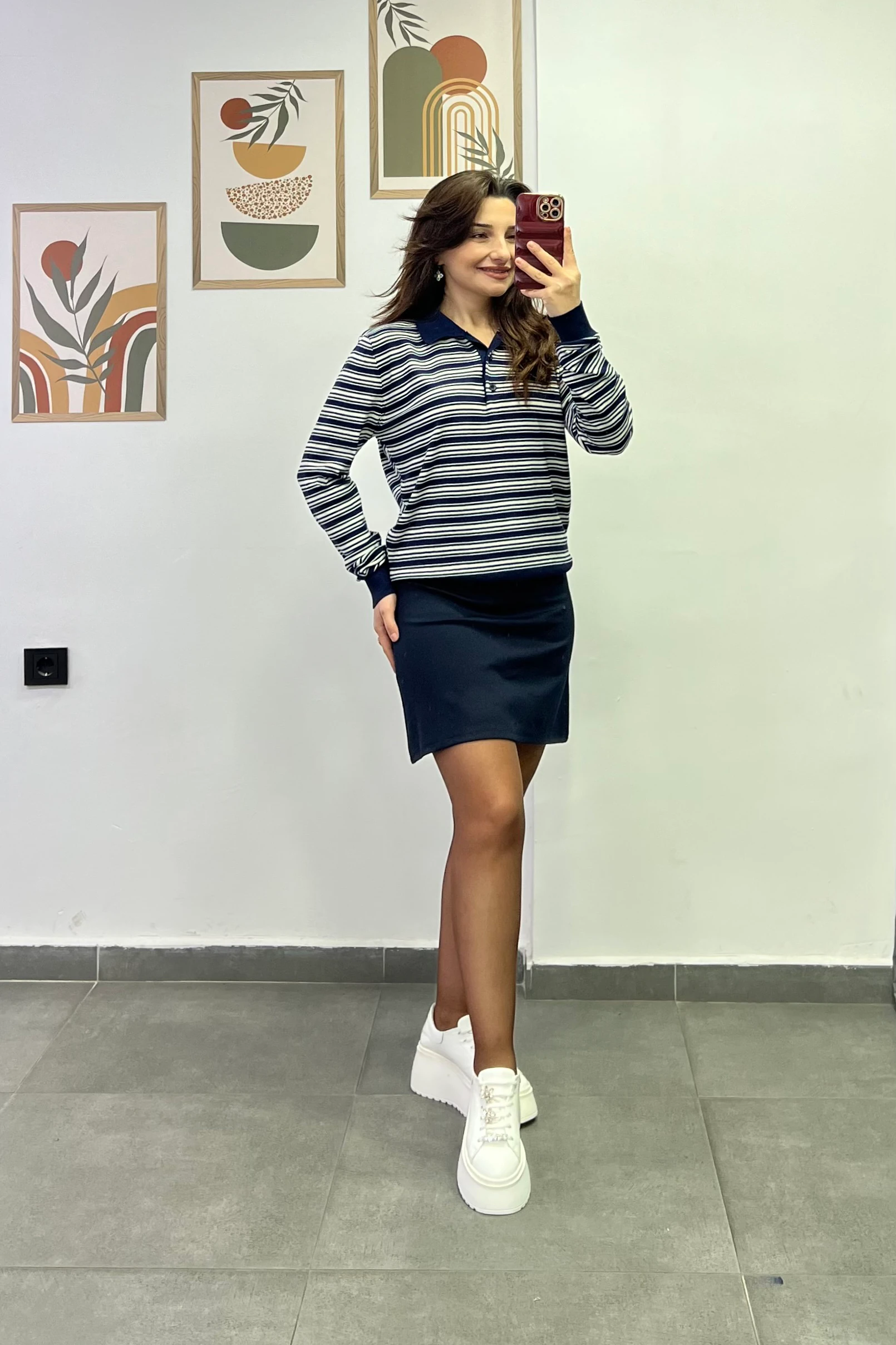 Polo Yaka Düğme Detaylı Çizgili Triko - LACIVERT