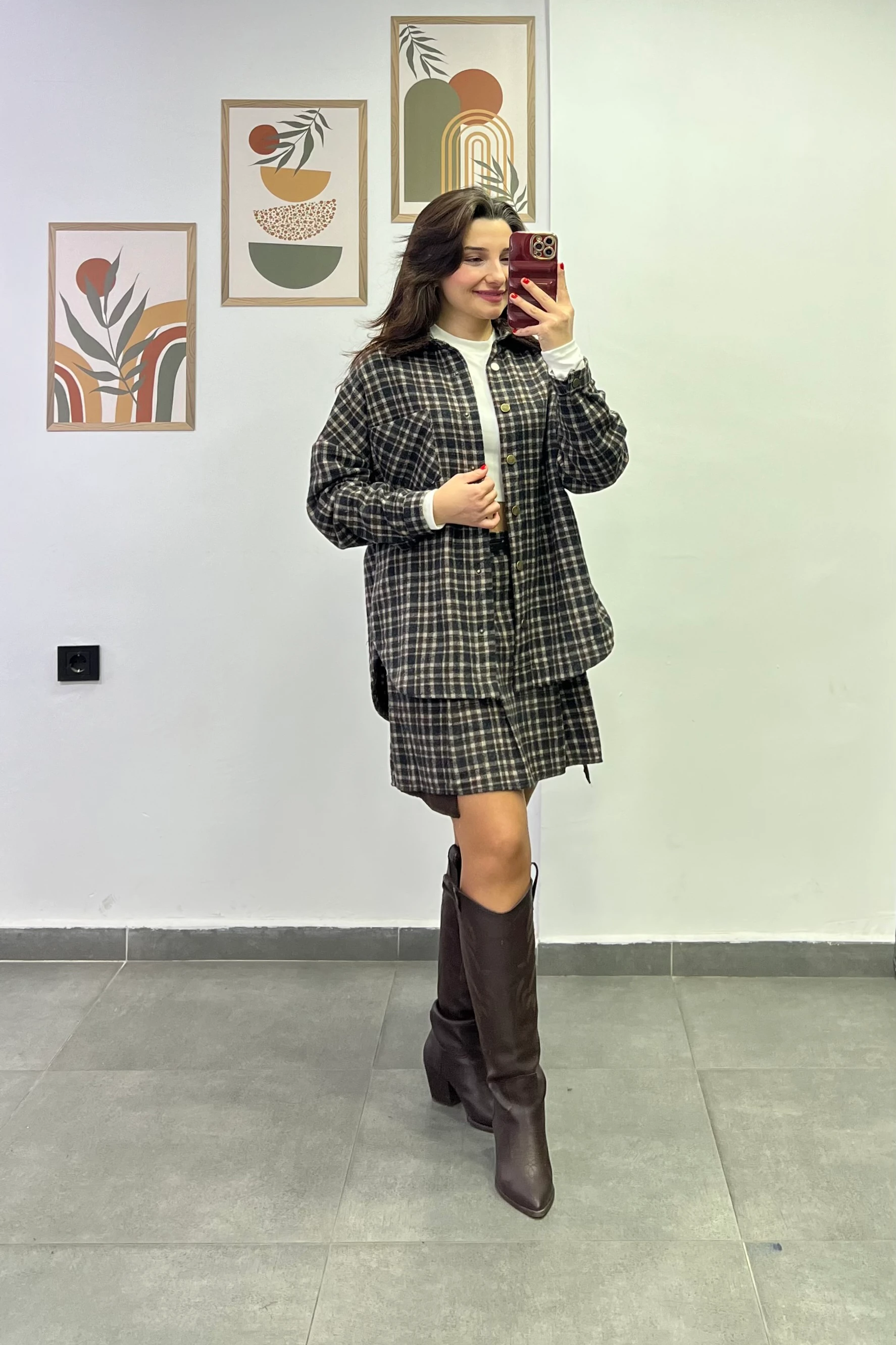 Yakası Kürklü Cep Detaylı Oduncu Gömlek - KAHVERENGİ