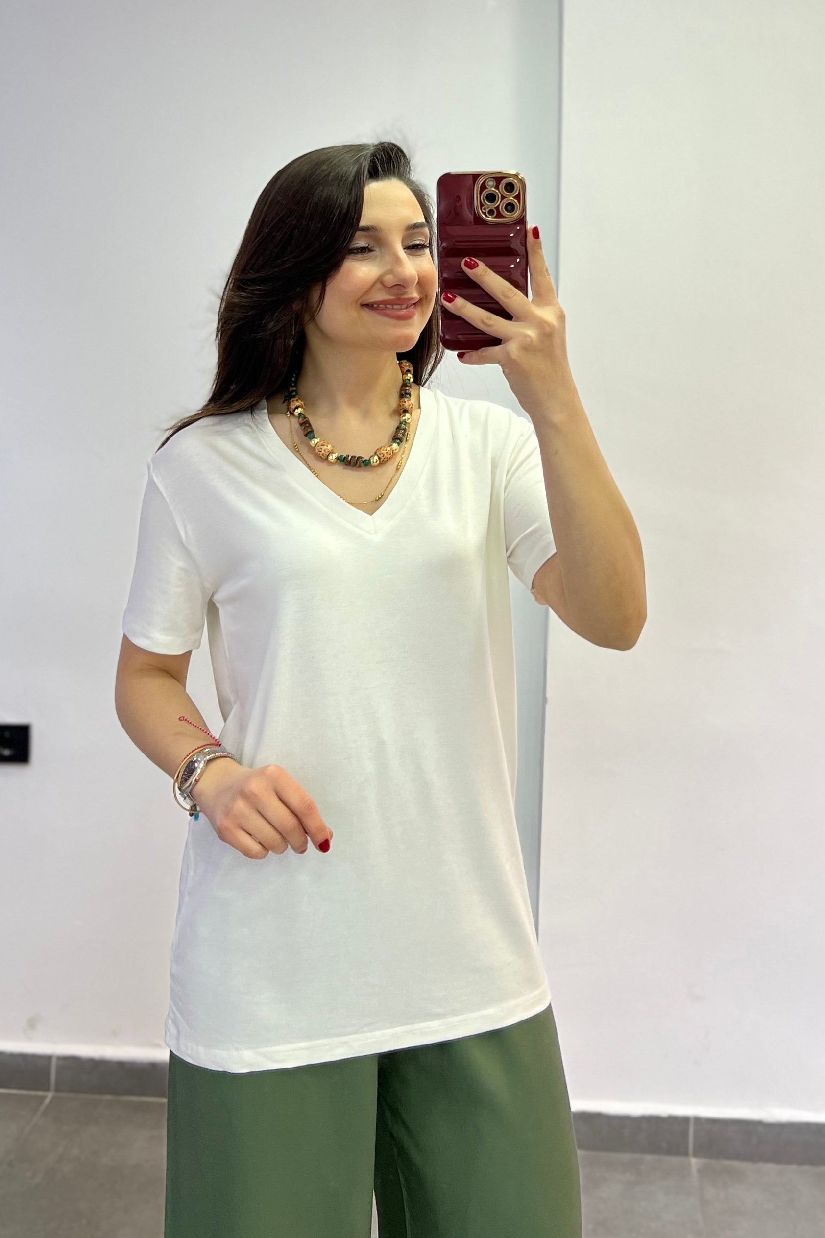 V Yaka Dökümlü Tshirt - EKRU