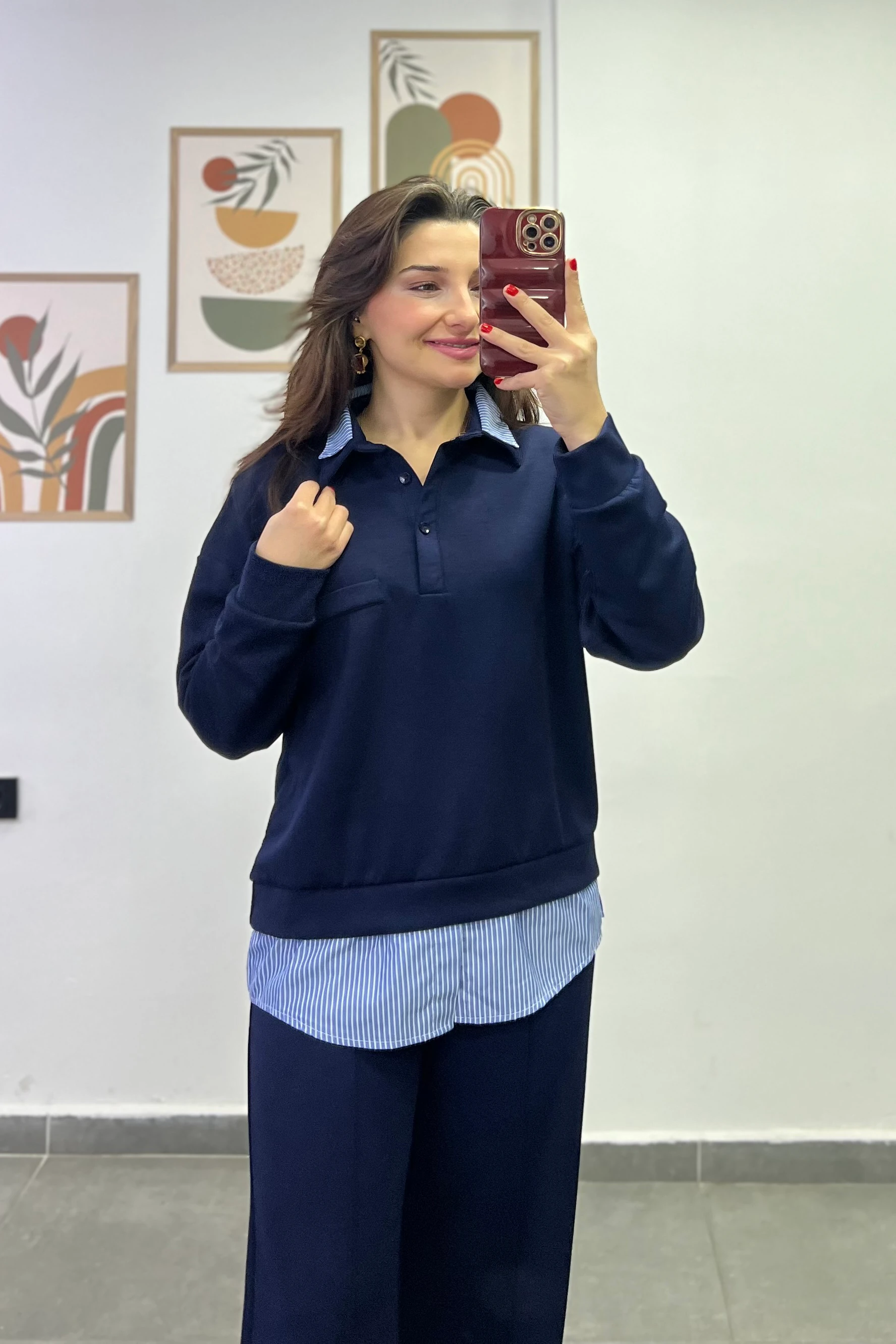 Polo Yaka Yakası Ve Bel Kısmı Gömlek Detaylı Pantolonu Cepli Ve Çima Dikişli Eşofman Takımı - LACIVERT