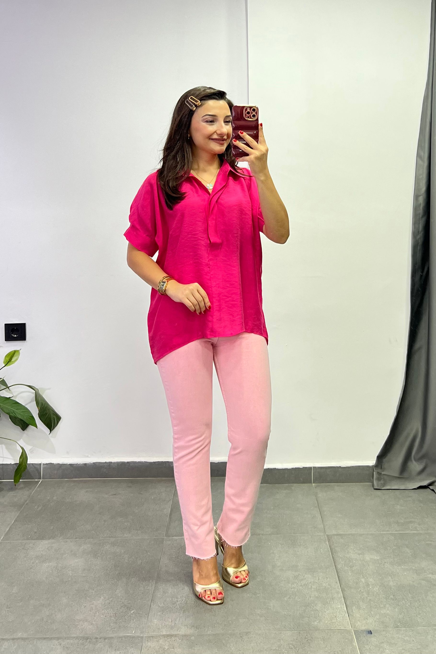 Kolu Pens Detaylı Sırtı Düğmeli Bluz - PEMBE