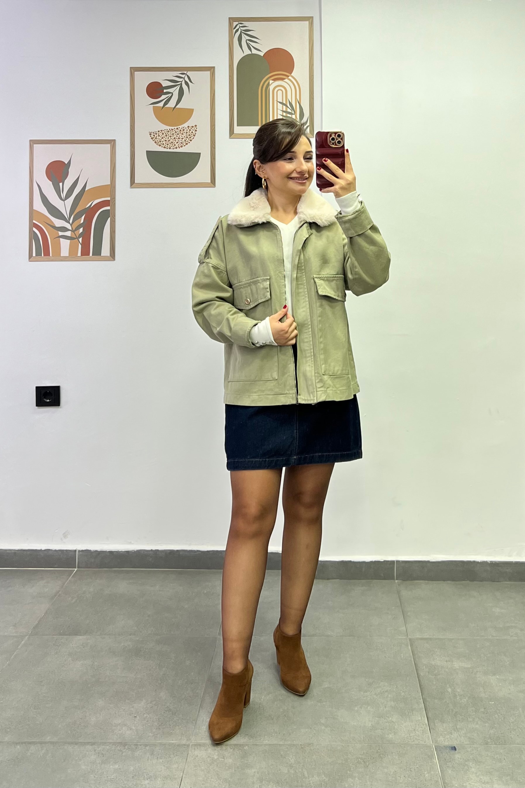 Yakası Sabit Kürk Detaylı Önü Kese Cepli Gabardin Ceket - Haki