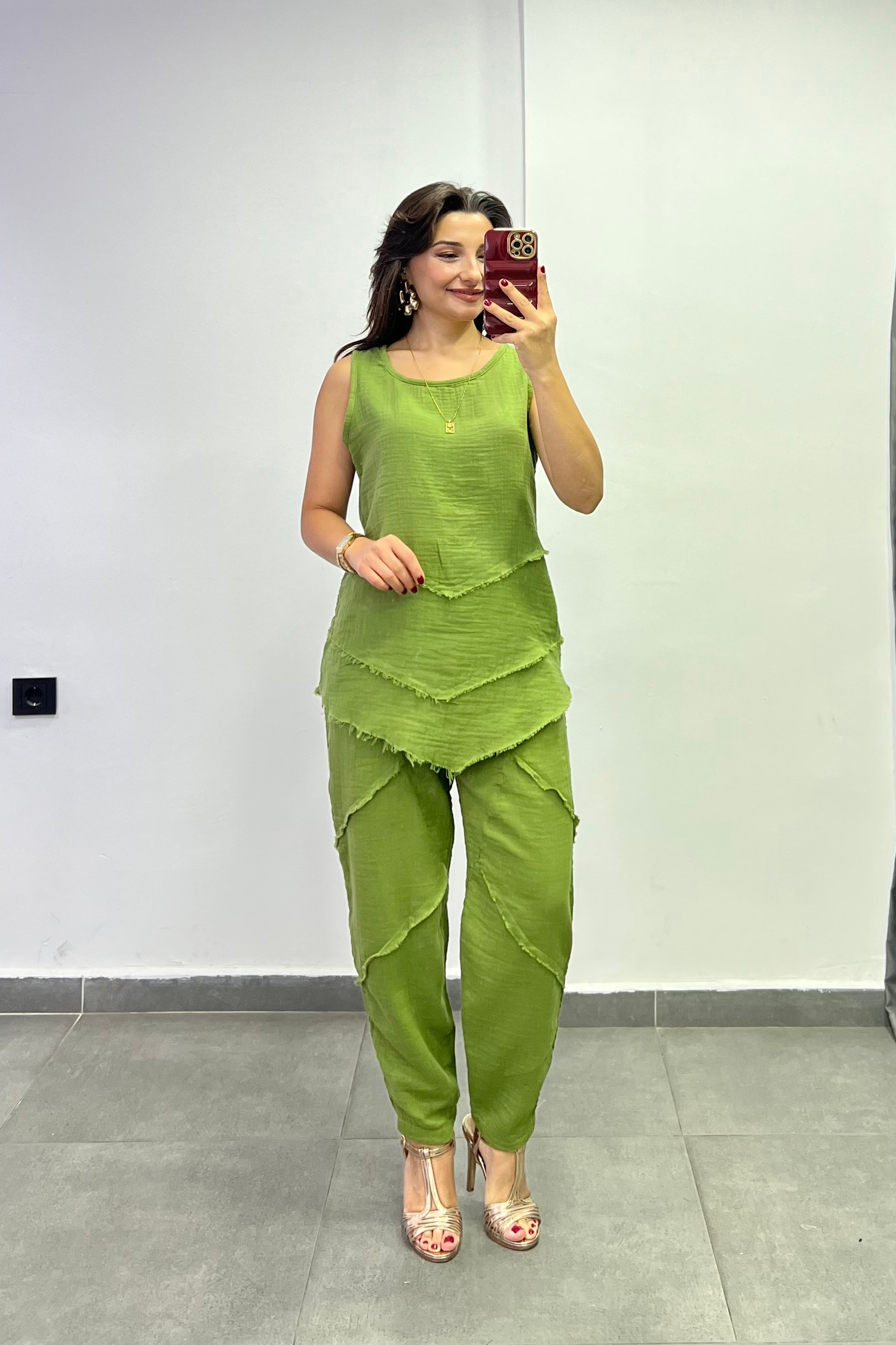 Beli Lastikli Cep Ve Dikiş Detaylı Müslin Kumaş Pantolon - Hakı