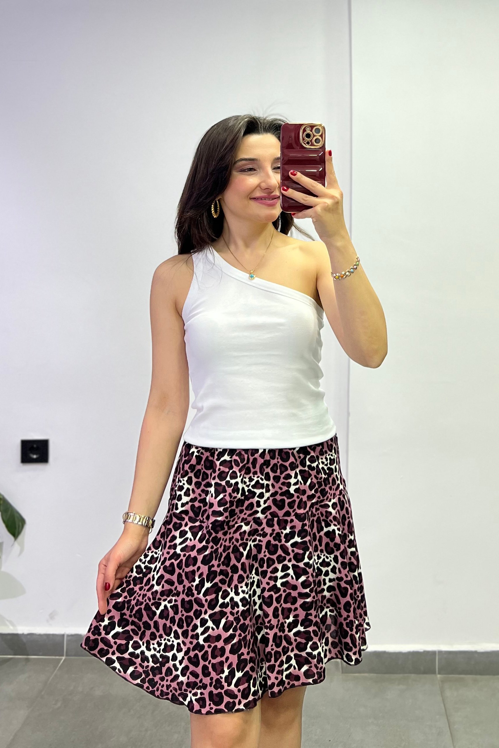 Desenli Viscon Kumaş İçi Şortlu Etek - BORDO LEOPAR