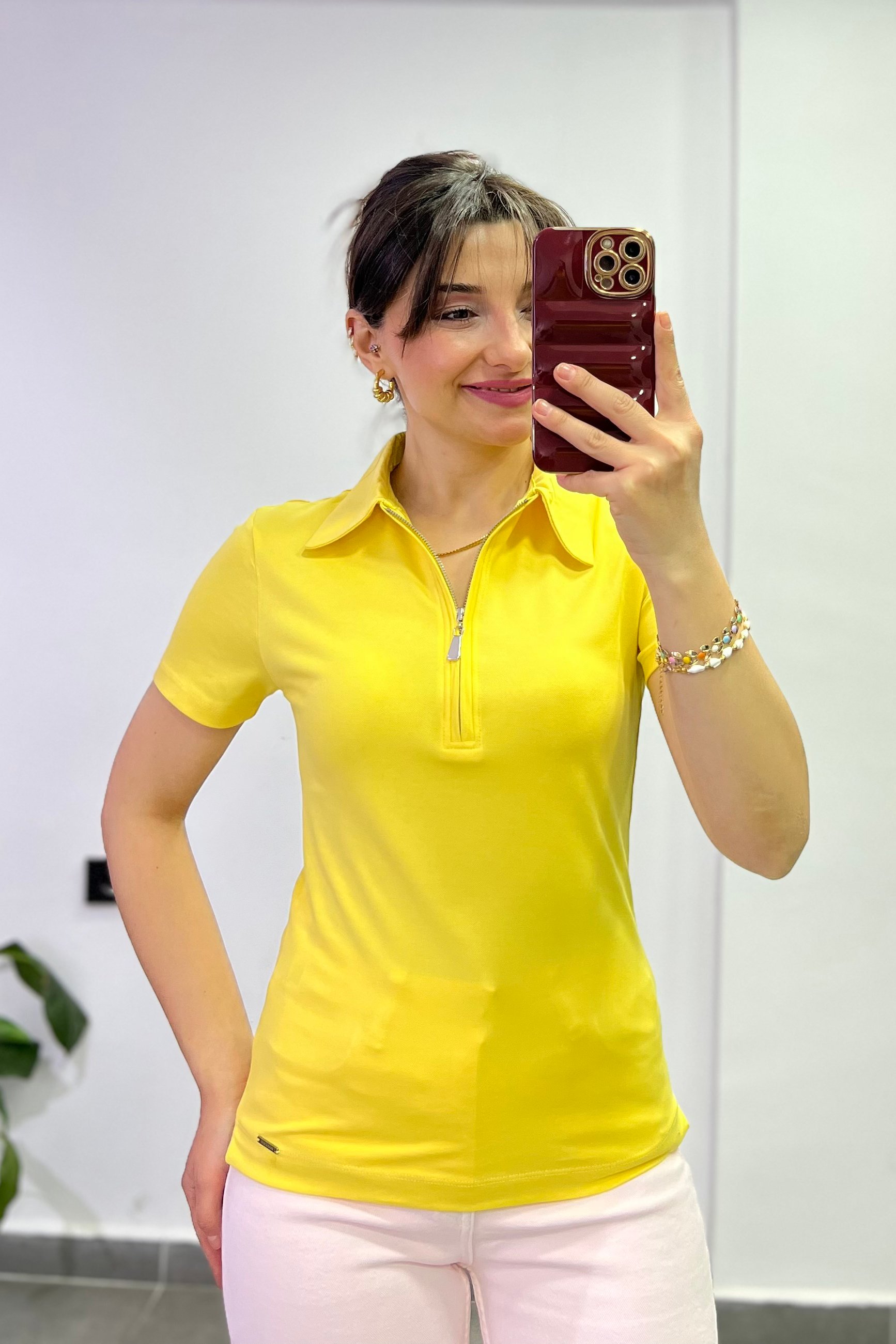 Polo Yaka Yakası Gümüş Fermuar Detaylı Tshırt