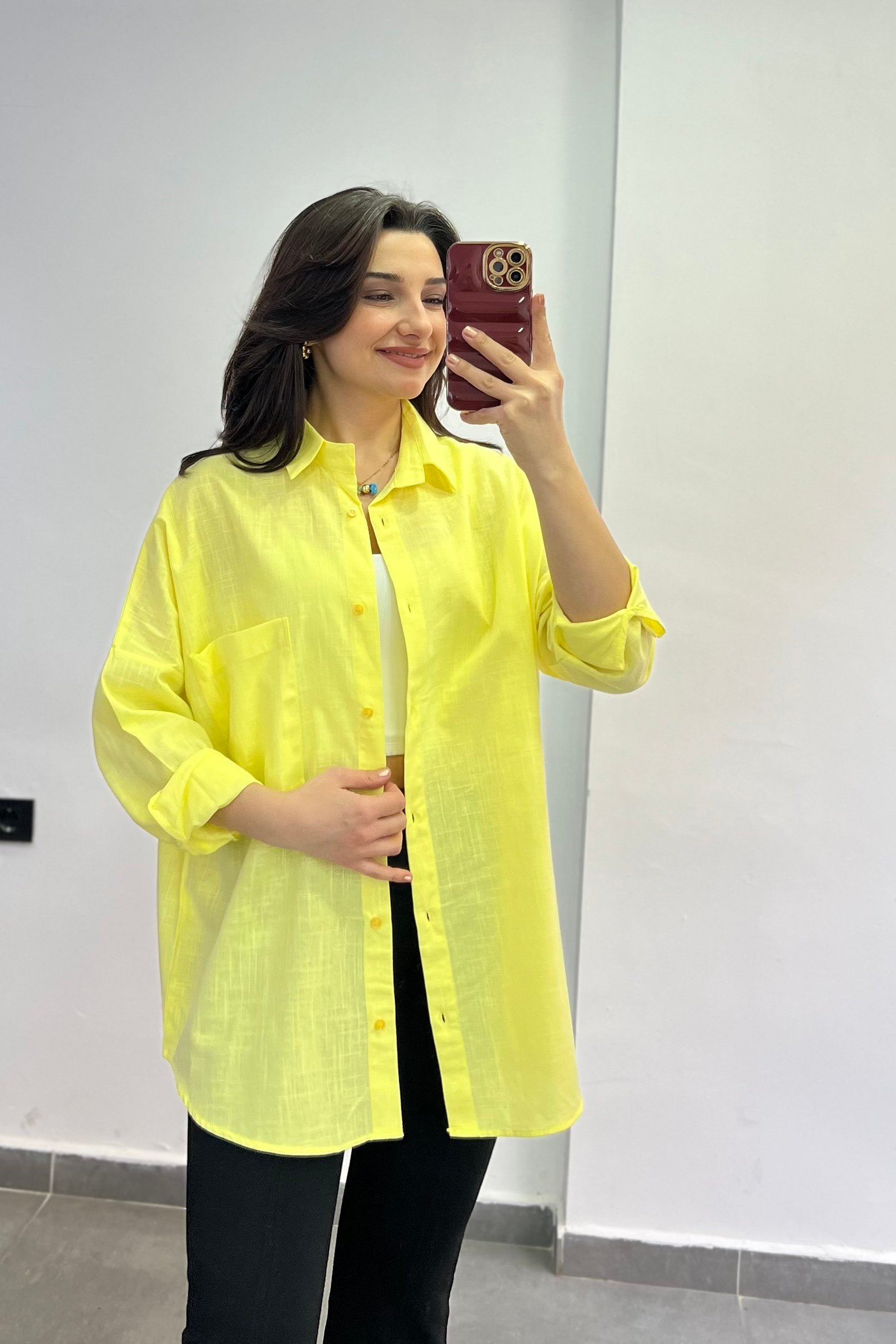 Keten Tek Cep Oversize Gömlek