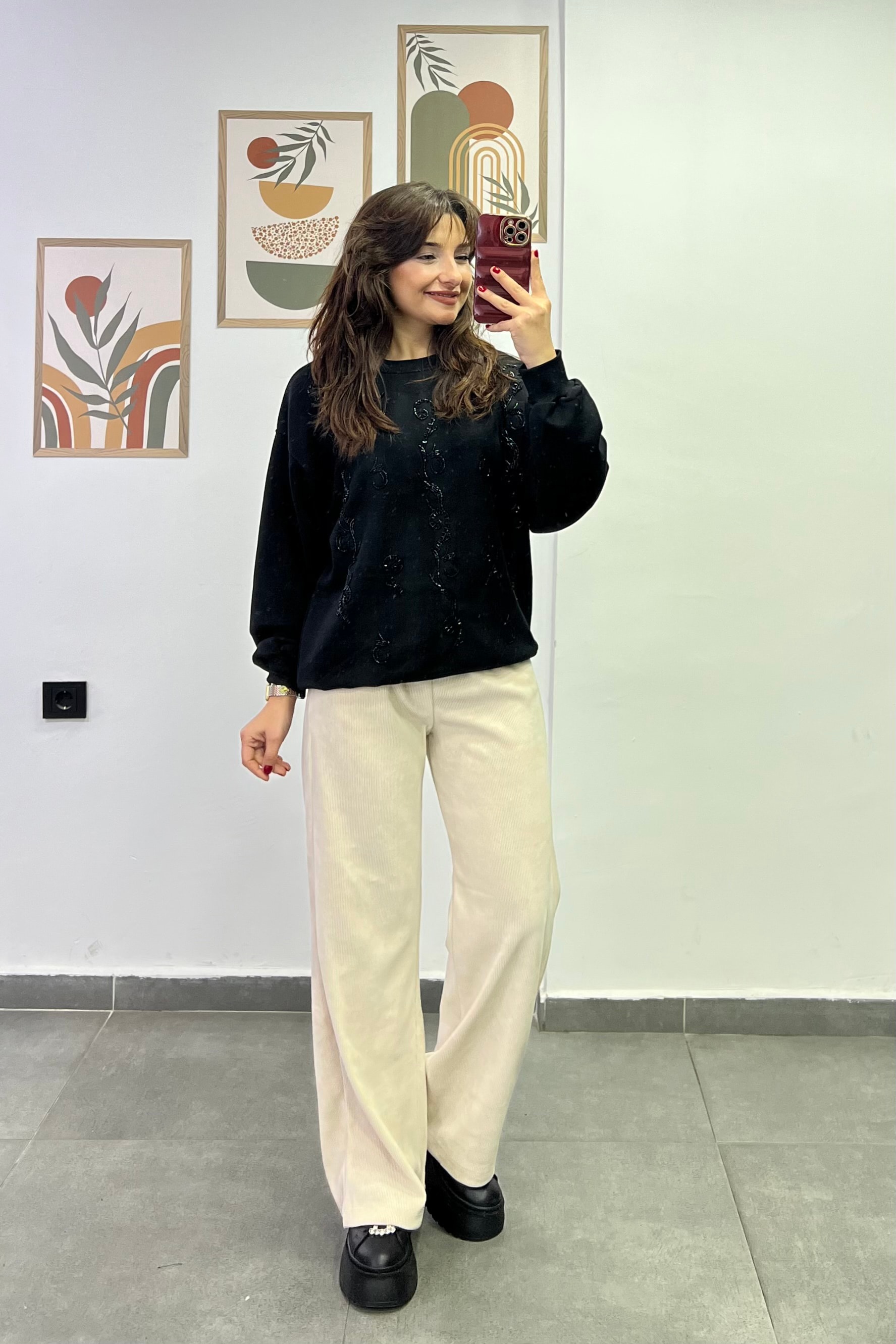 Beli Lastikli Cep Detaylı Bol Paça Fitilli Kadife Pantolon - EKRU