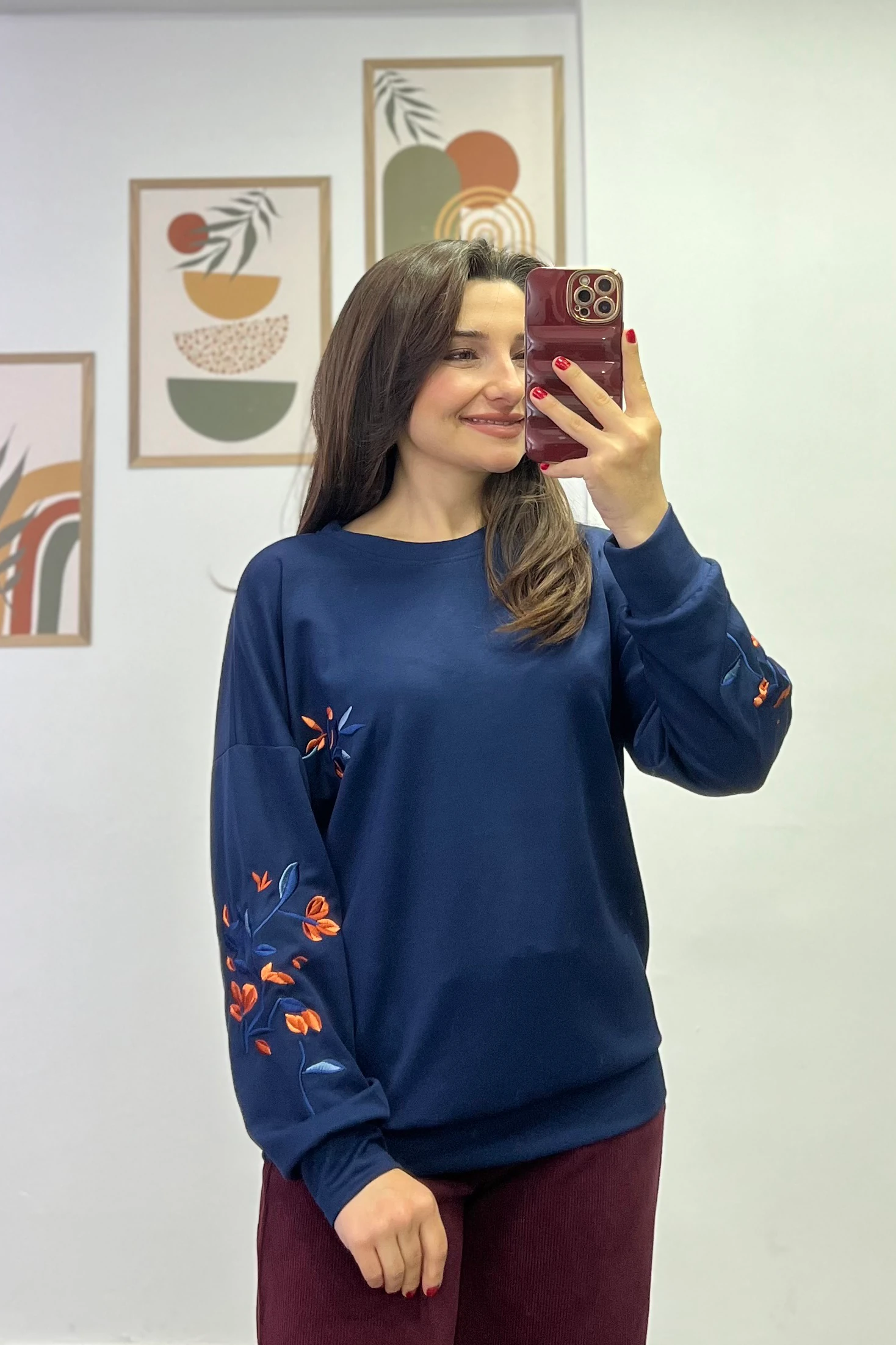 Kolları Ve Göğüsü Nakış Detaylı Sweatshirt - LACIVERT