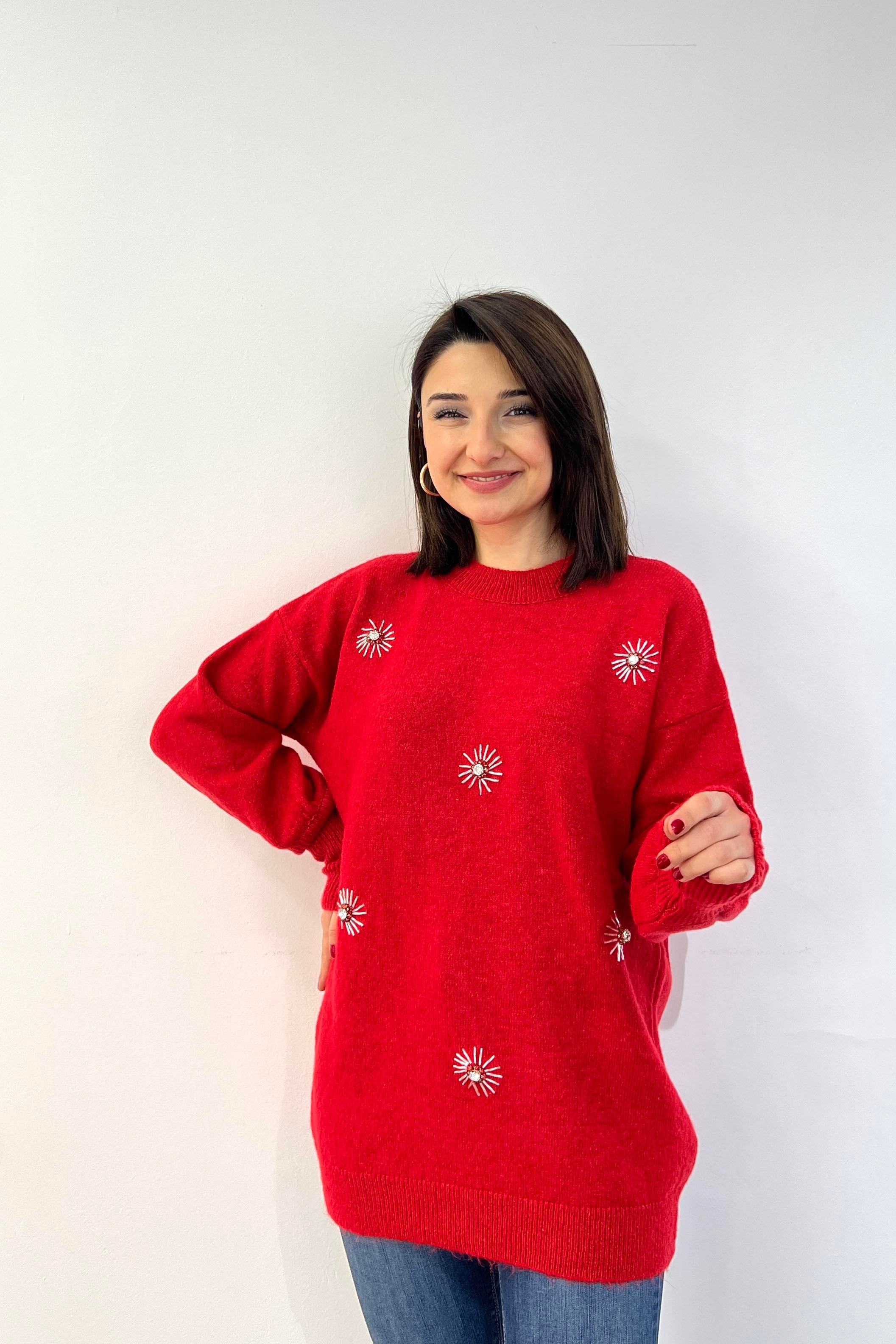 Taş İşlemeli Triko Kazak Nar Çiçeği