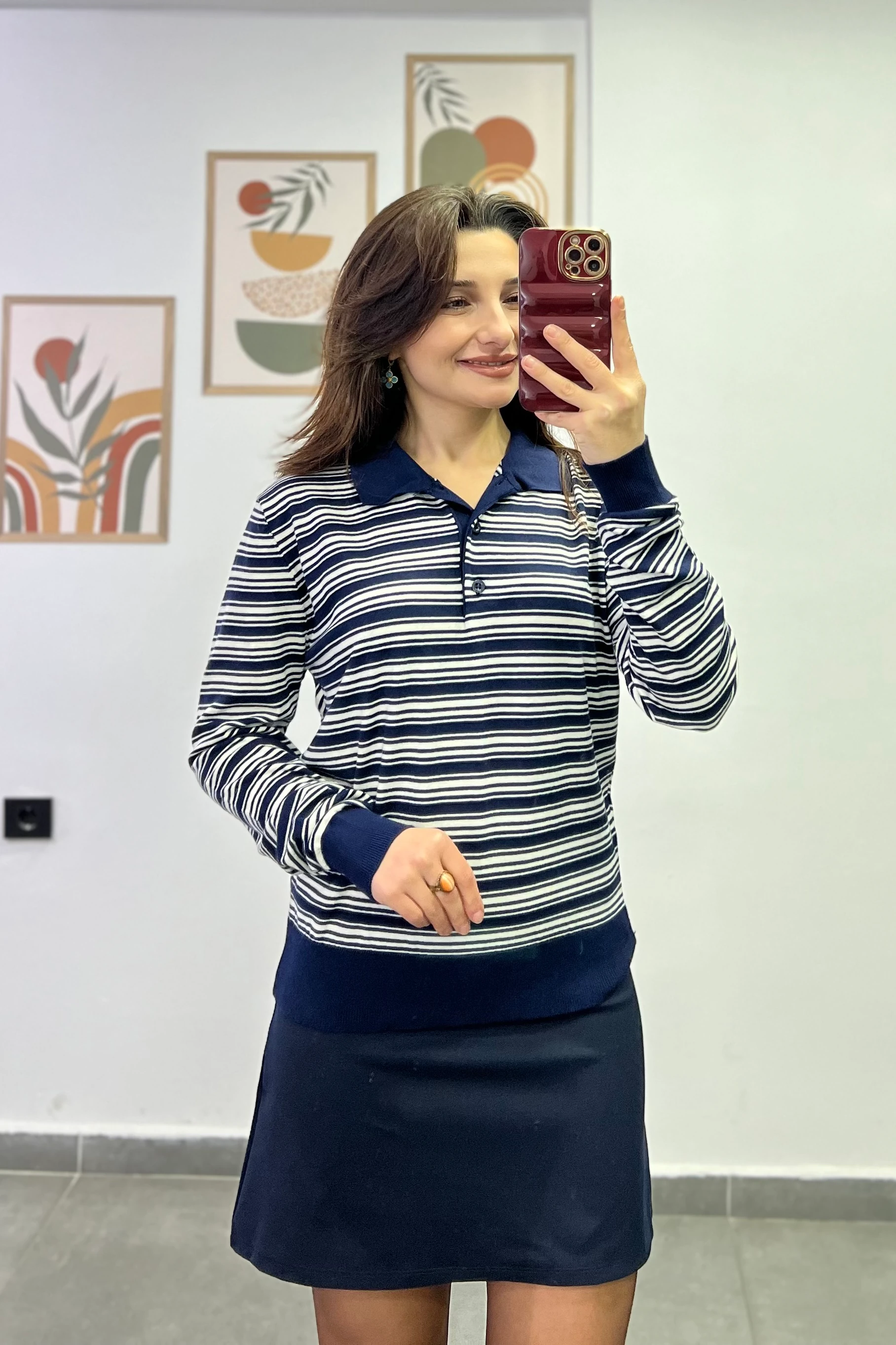 Polo Yaka Düğme Detaylı Çizgili Triko - LACIVERT