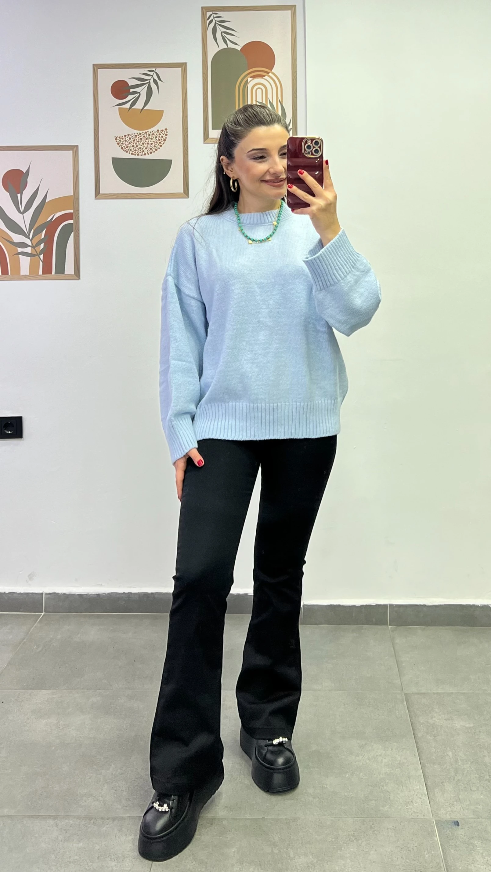 Düşük Omuz Kol Manşetleri Ve Beli Lastikli Kazak - BEBE MAVİSİ