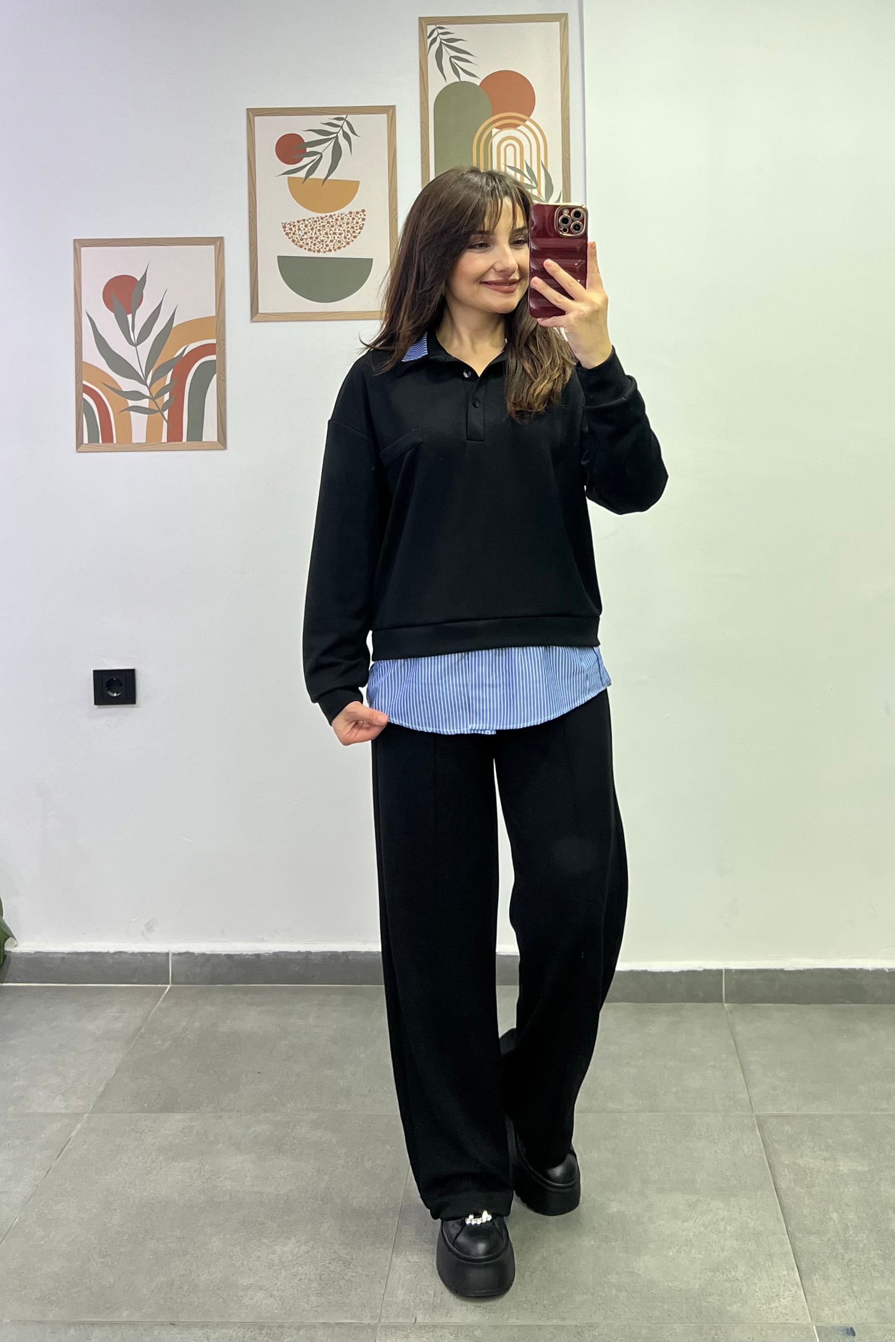 Polo Yaka Yakası Ve Bel Kısmı Gömlek Detaylı Pantolonu Cepli Ve Çima Dikişli Eşofman Takımı - SİYAH