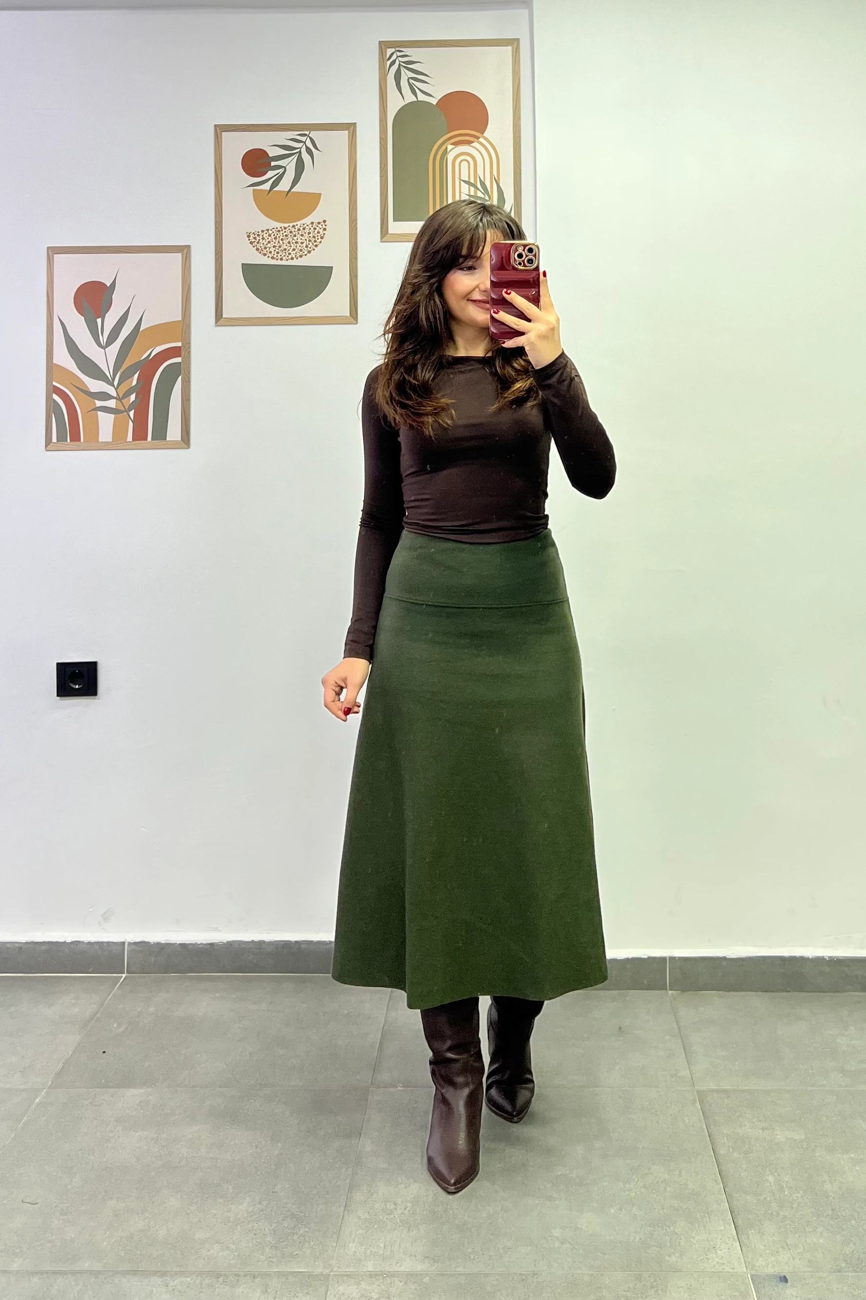 Beli Kalın Korsaj Detaylı Etek Ucu Kesik Selanik Kumaş Çan Etek - Haki