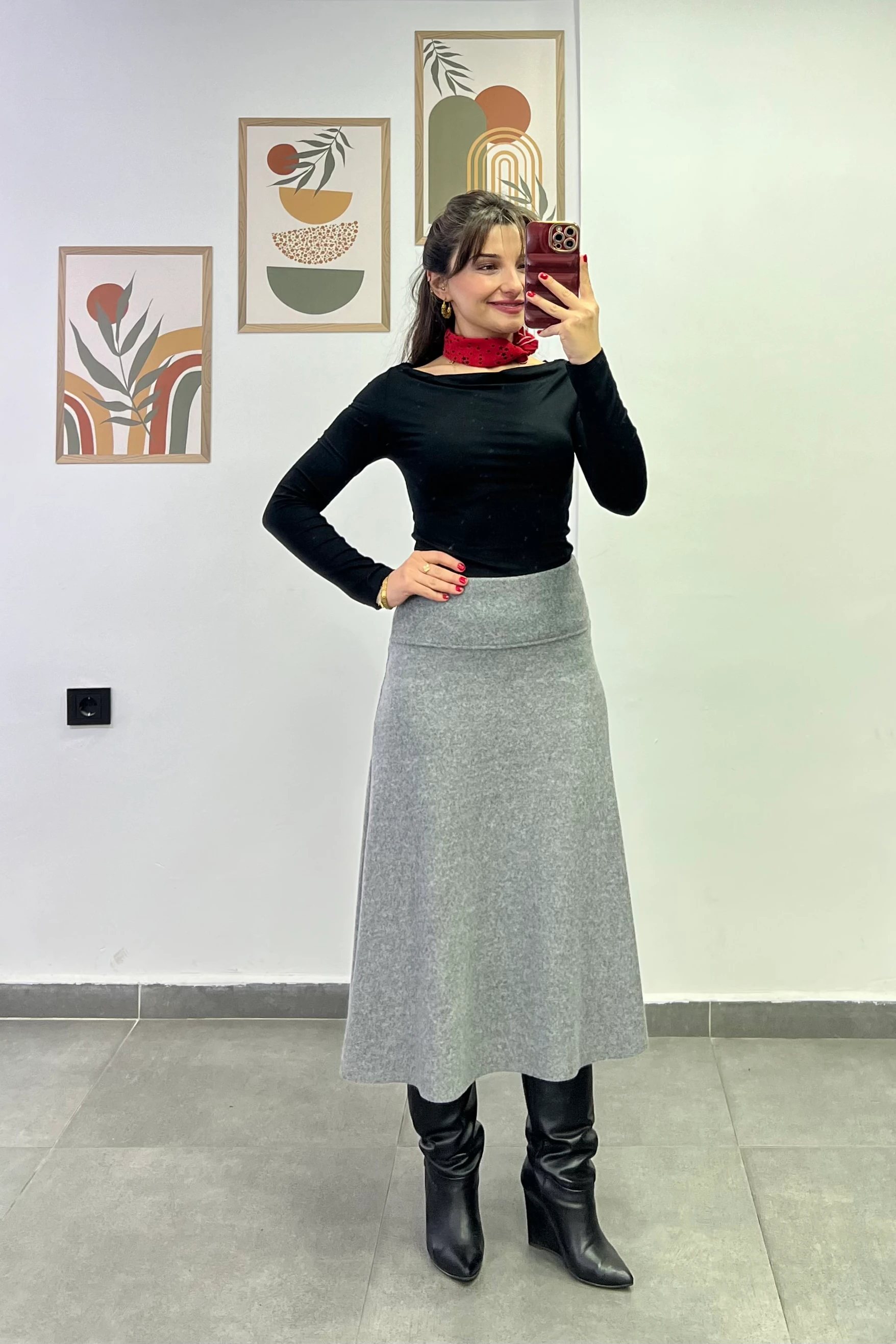 Beli Kalın Korsaj Detaylı Etek Ucu Kesik Selanik Kumaş Çan Etek - AÇIK GRİ