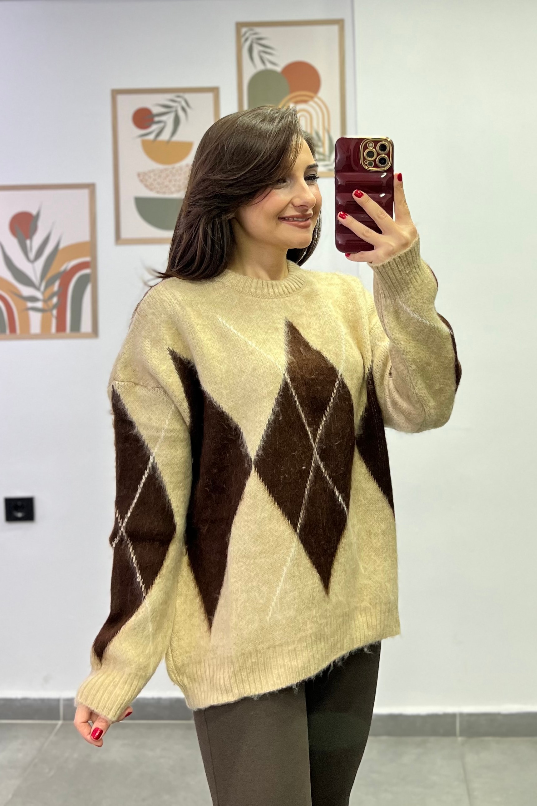 Bisiklet Yaka Oversize Baklava Dilim Kazak