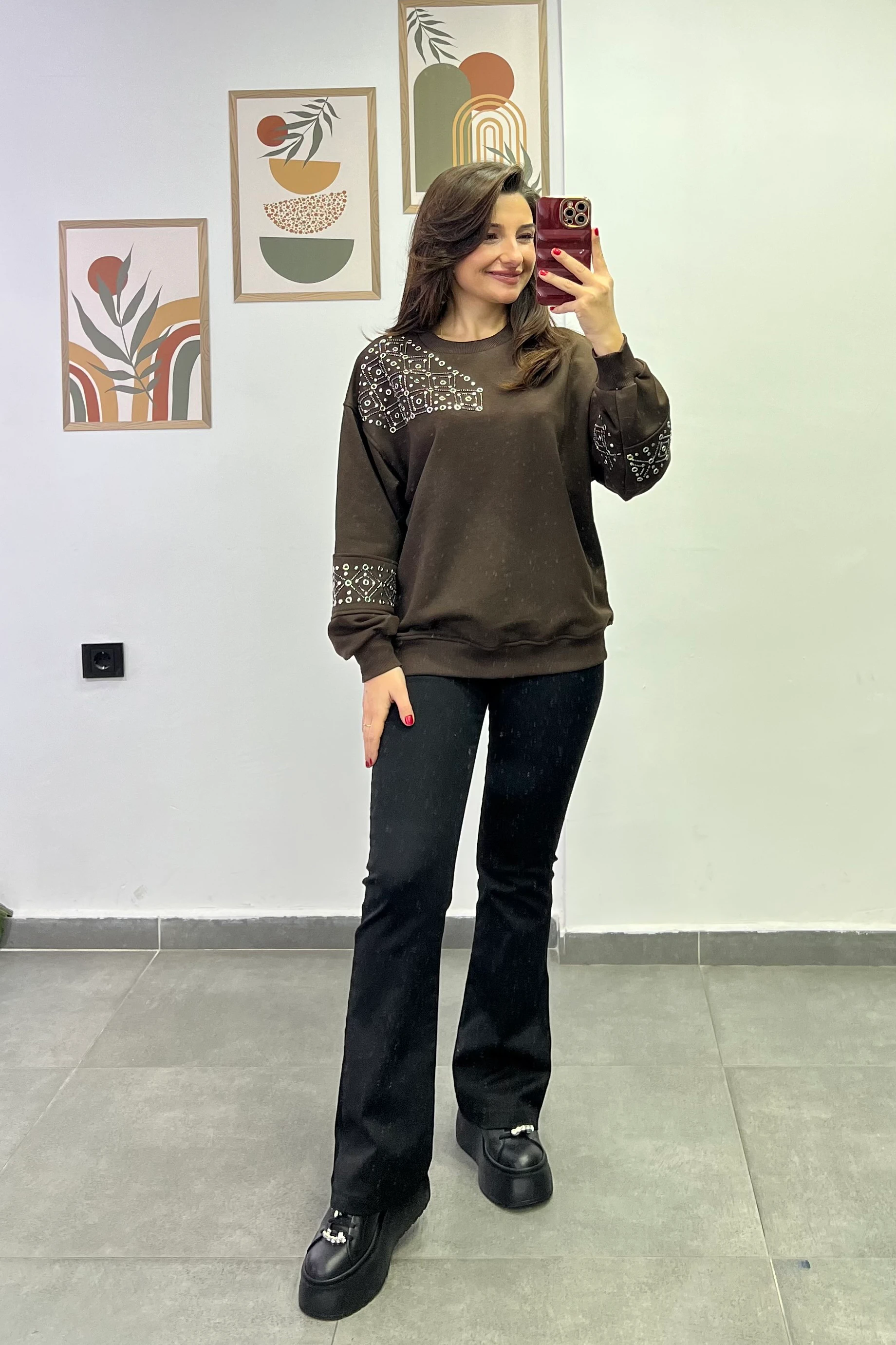 Tek Omuzu Ve Kolları Zımba Ve Boncuk Detaylı İki İplik Sweatshırt