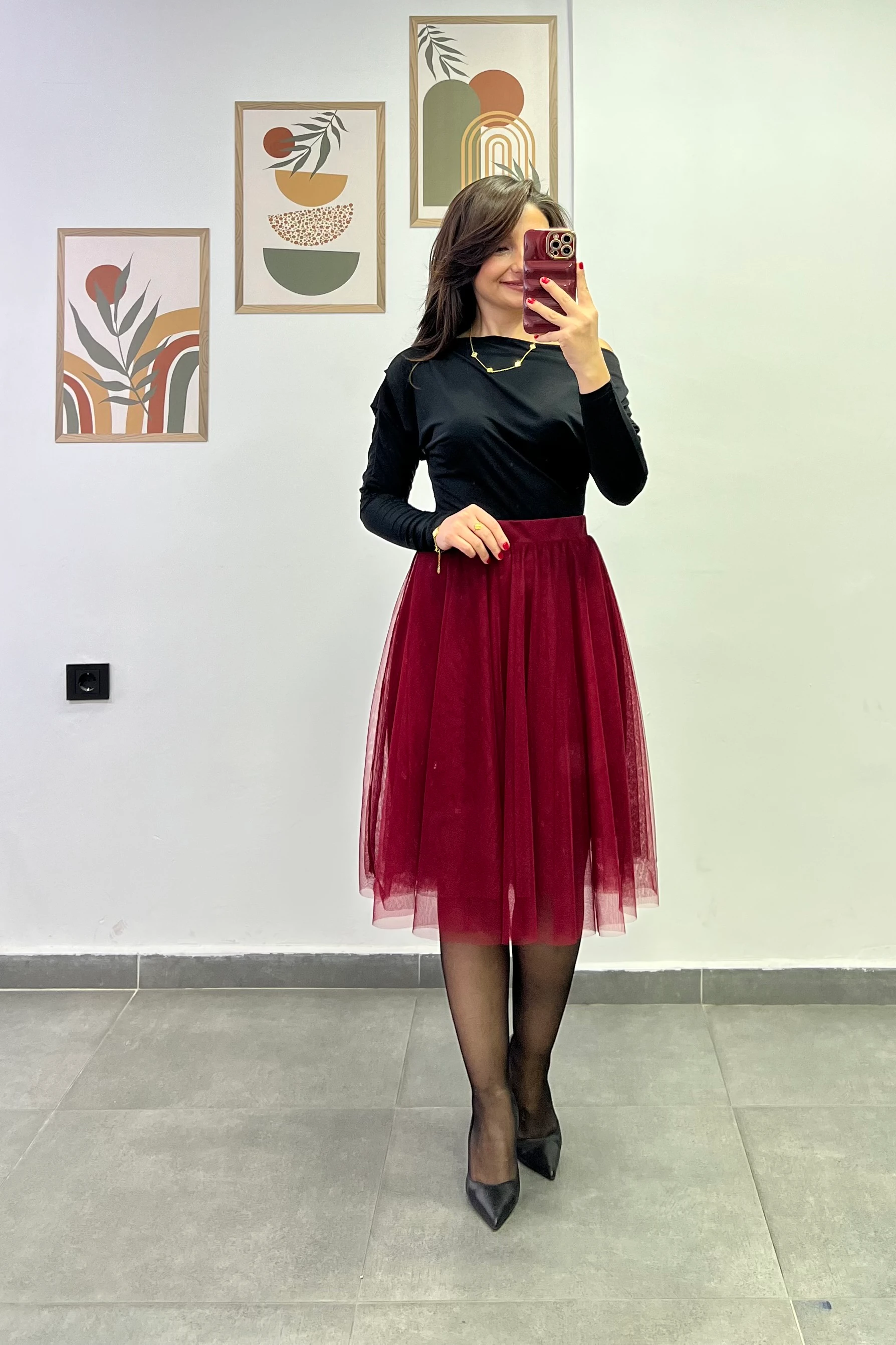 İçi Astarlı Tül Etek - BORDO