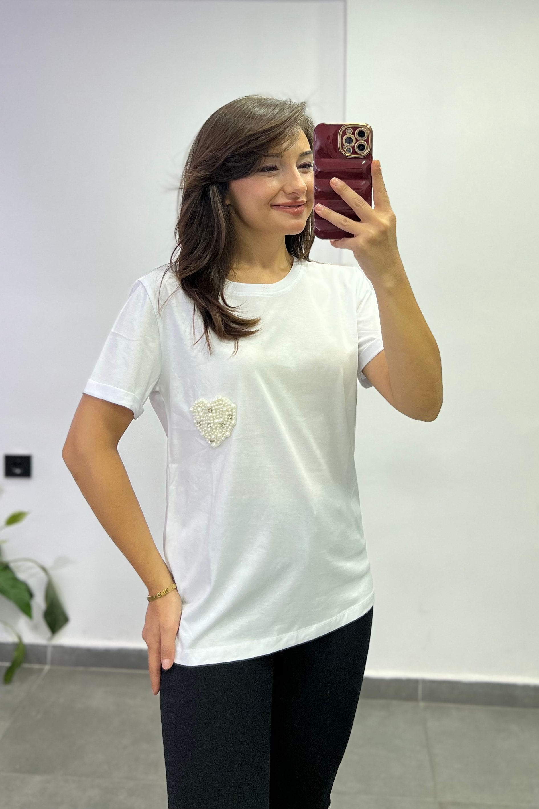 İnci Detaylı Pamuklu Tshırt - BEYAZ