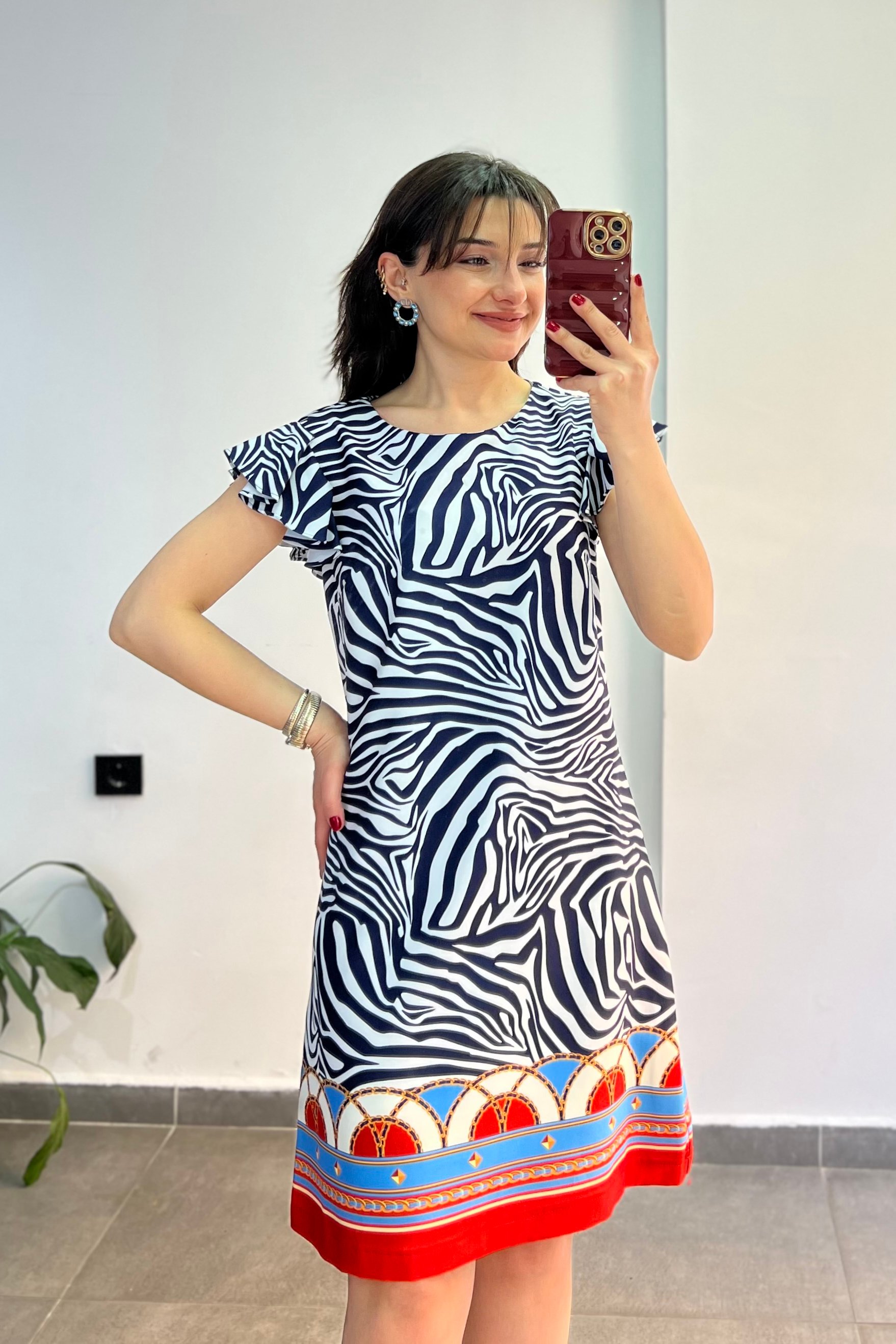 Zebra Desenli Etek Ucu Renkli Desenli Elbise - LACİVERT