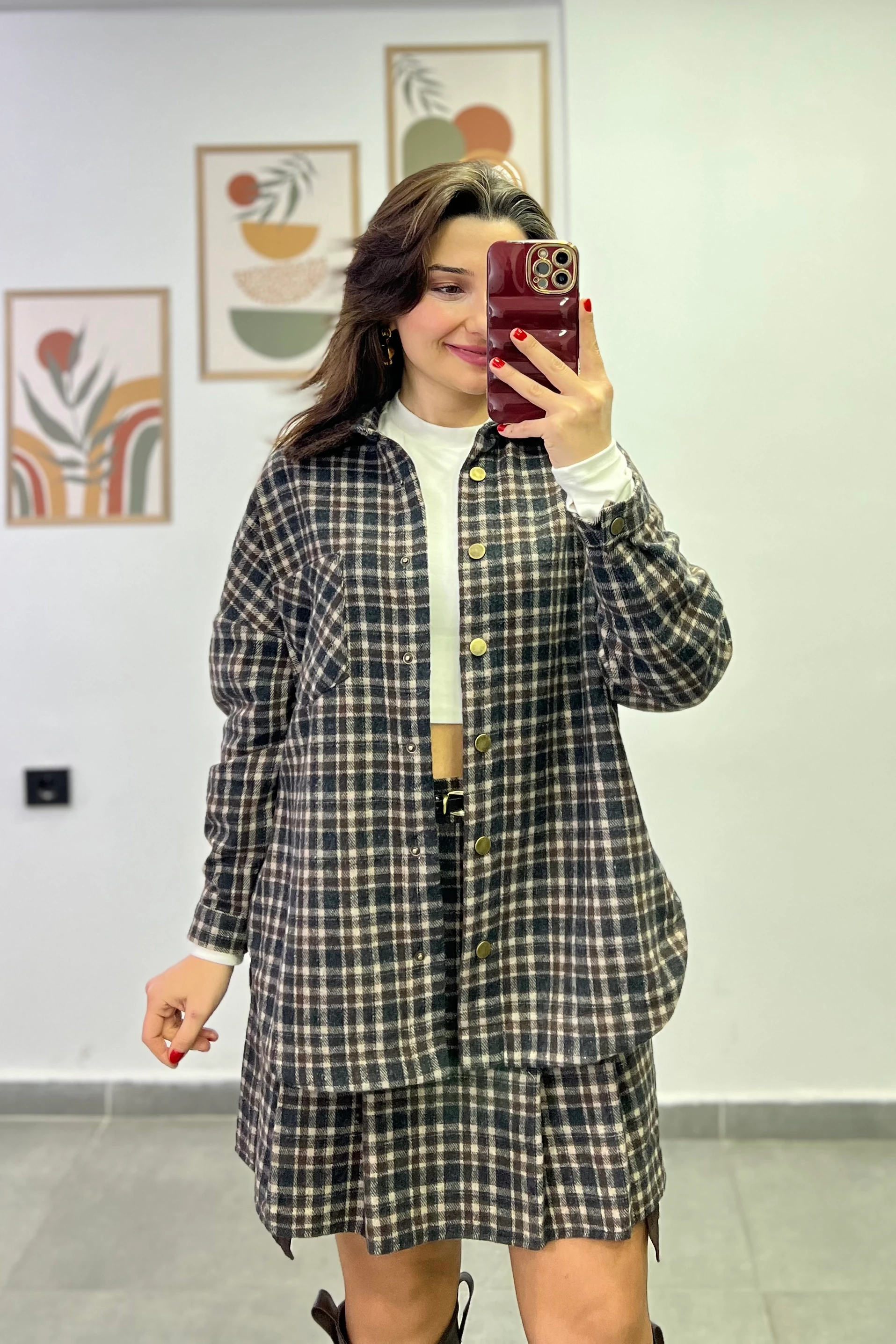 Yakası Kürklü Cep Detaylı Oduncu Gömlek - KAHVERENGİ